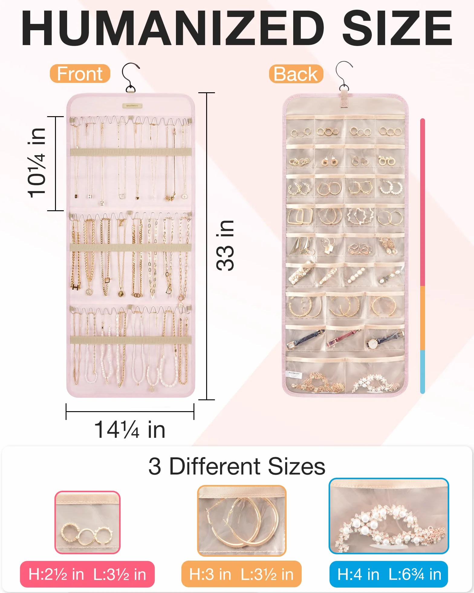 Bagsmart Organisateur de bijoux à suspendre - Rouleau de rangement double face avec crochet en métal - Grand format