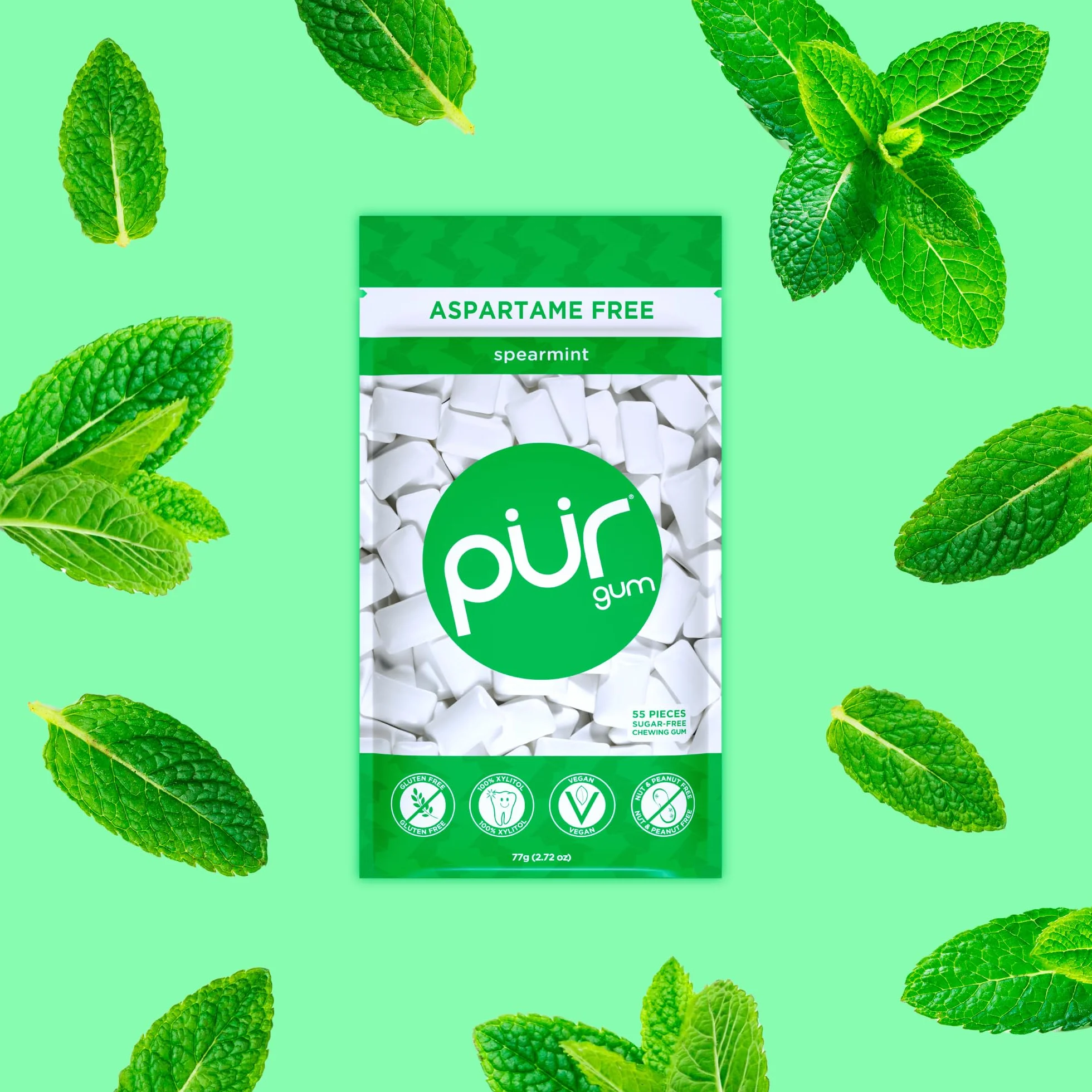 PUR Gum Sans Sucre Au Xylitol Végétalien Sans Aspartame Sans Gluten Goût Spearmint 55 Pièces