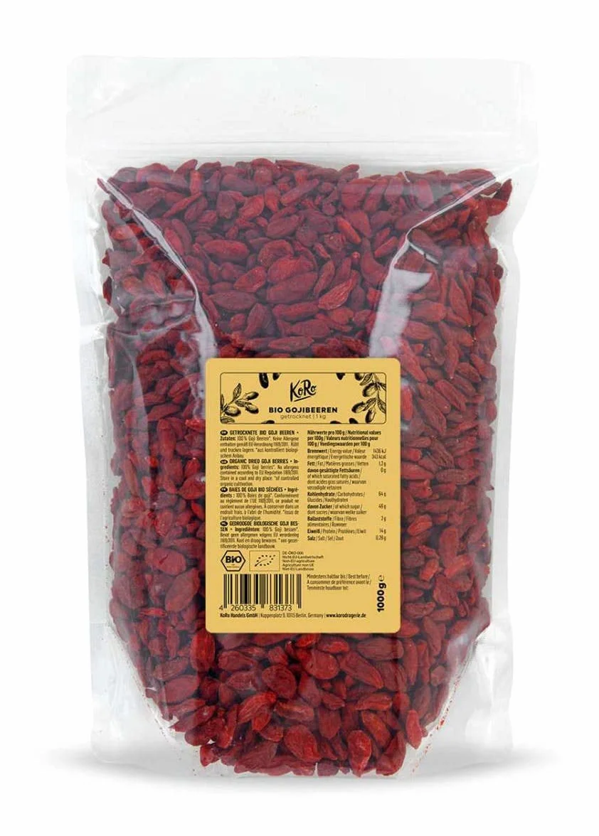 KoRo Baies de Goji Bio 1 kg – Super-aliment Naturel, Séchées Sans Additifs, Riches en Fibres et Protéines, Idéales pour Mueslis, Salades et Recettes