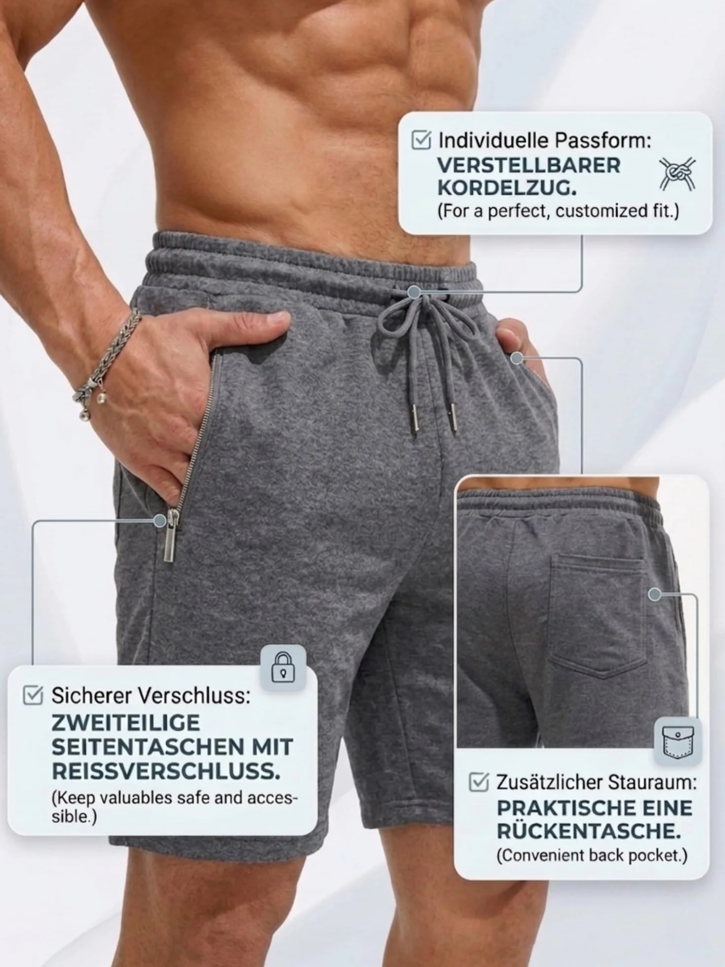 Comeor Short Homme Coton avec Fermeture éclair - Short de Sport Bermuda Jogging Course