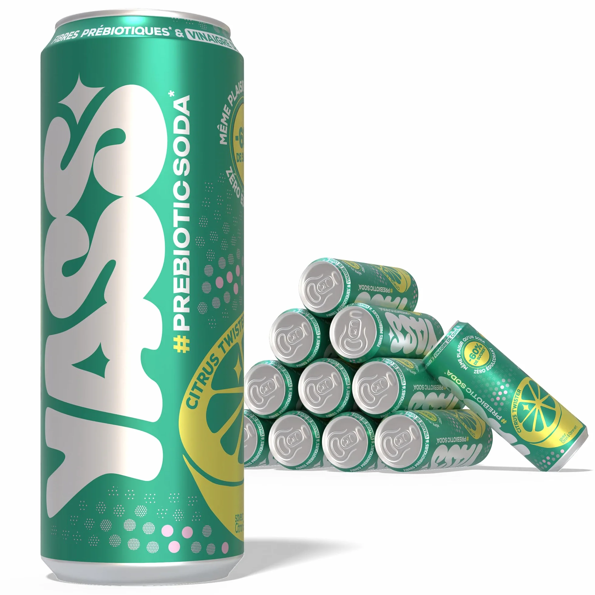YASS Soda Prébiotique -Saveur CITRUS TWISTER - Le Soda Sain & Stylé qui Prend Soin de Ton Ventre 6.6g de Fibres et -60% de sucre-12 canettes de 33cl