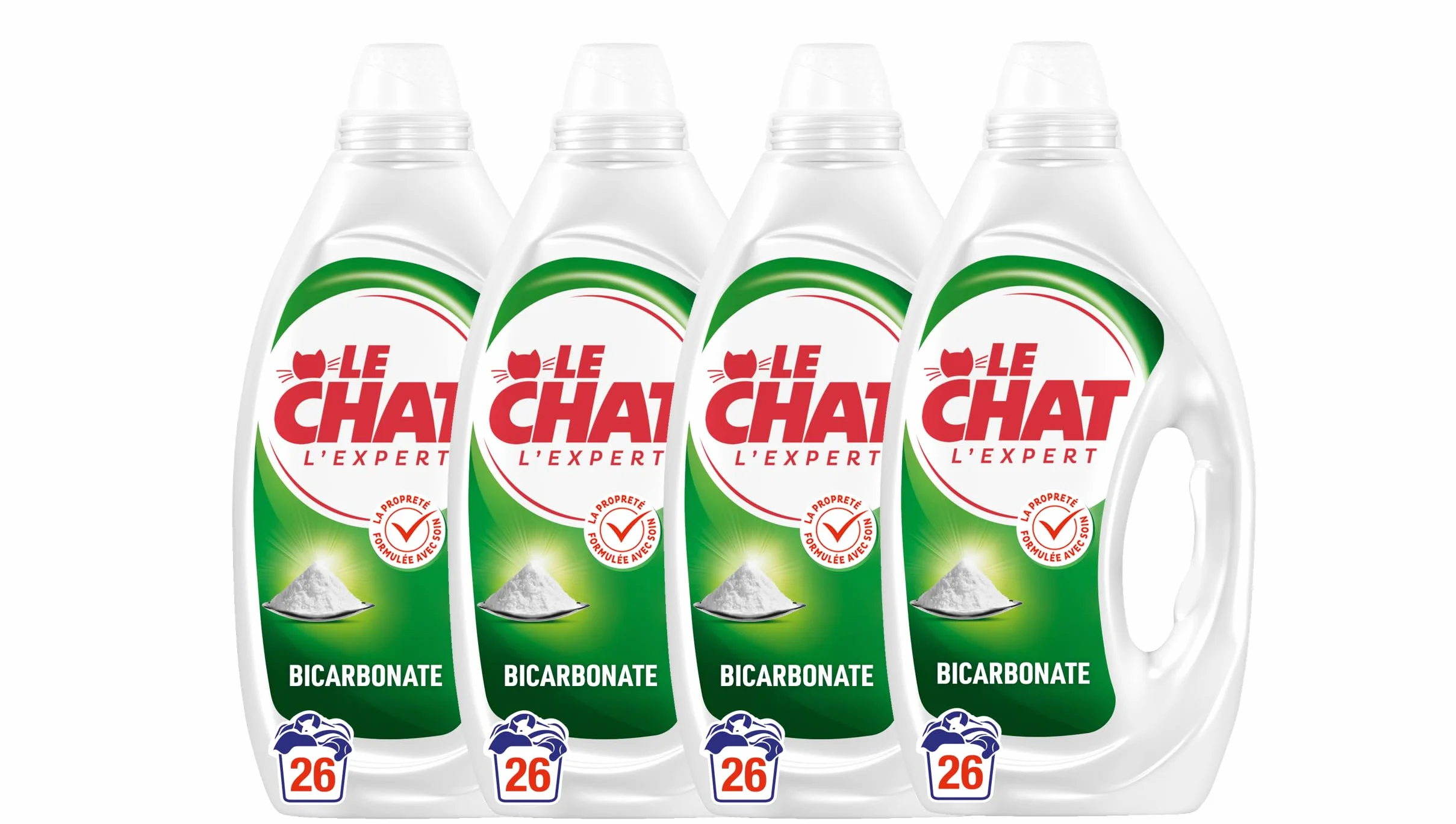 Le Chat Lessive Liquide, L'Expert Bicarbonate, Lessive pour entretien du linge, Parfum Hypoallergenique, Efficacite anti-taches, 4x26 lavages