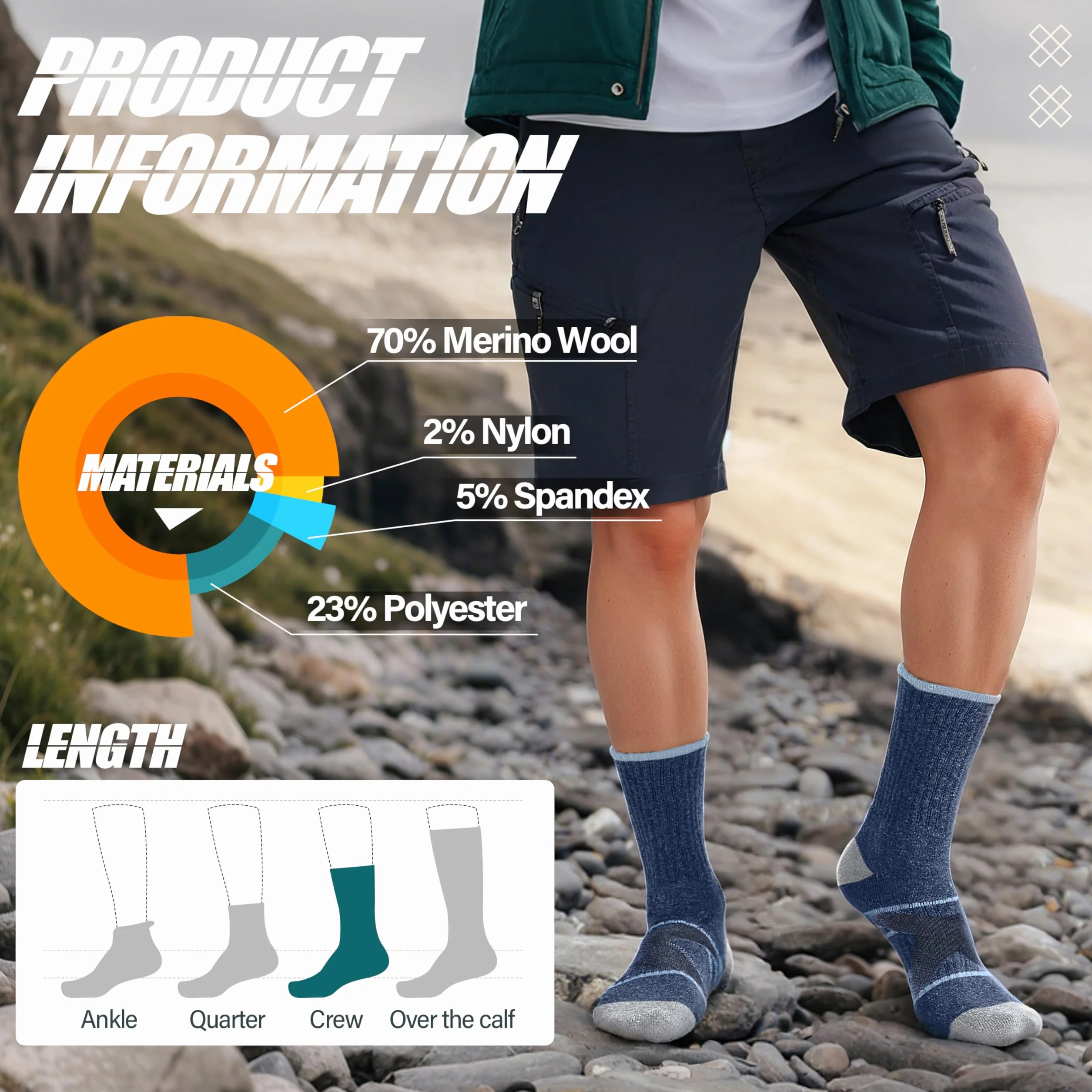 ANTSANG Chaussettes Randonnée Laine Mérinos Chaudes Thermiques Homme Femme