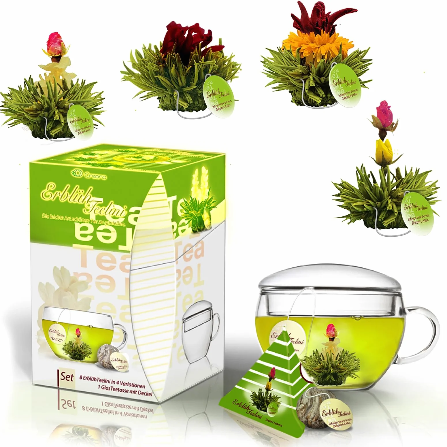 Creano Coffret Cadeau Teelini 10 pcs – 8 Fleurs de Thé Vert en Portion de Tasse avec Tasse en Verre 200ml & Couvercle – Idée Cadeau Collègue, Bureau & Détente