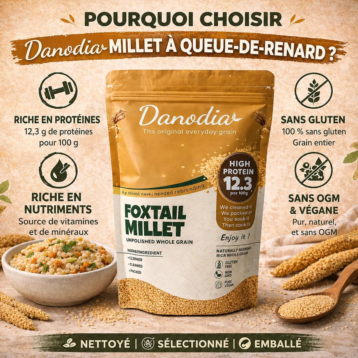 Danodia Foods Millet Queue-de-Renard Entier 950 g / 2 lb | Foxtail Millet décortiqué et non poli | Céréale sans gluten cultivée en Inde | Pour bols, porridge, accompagnements et recettes maison