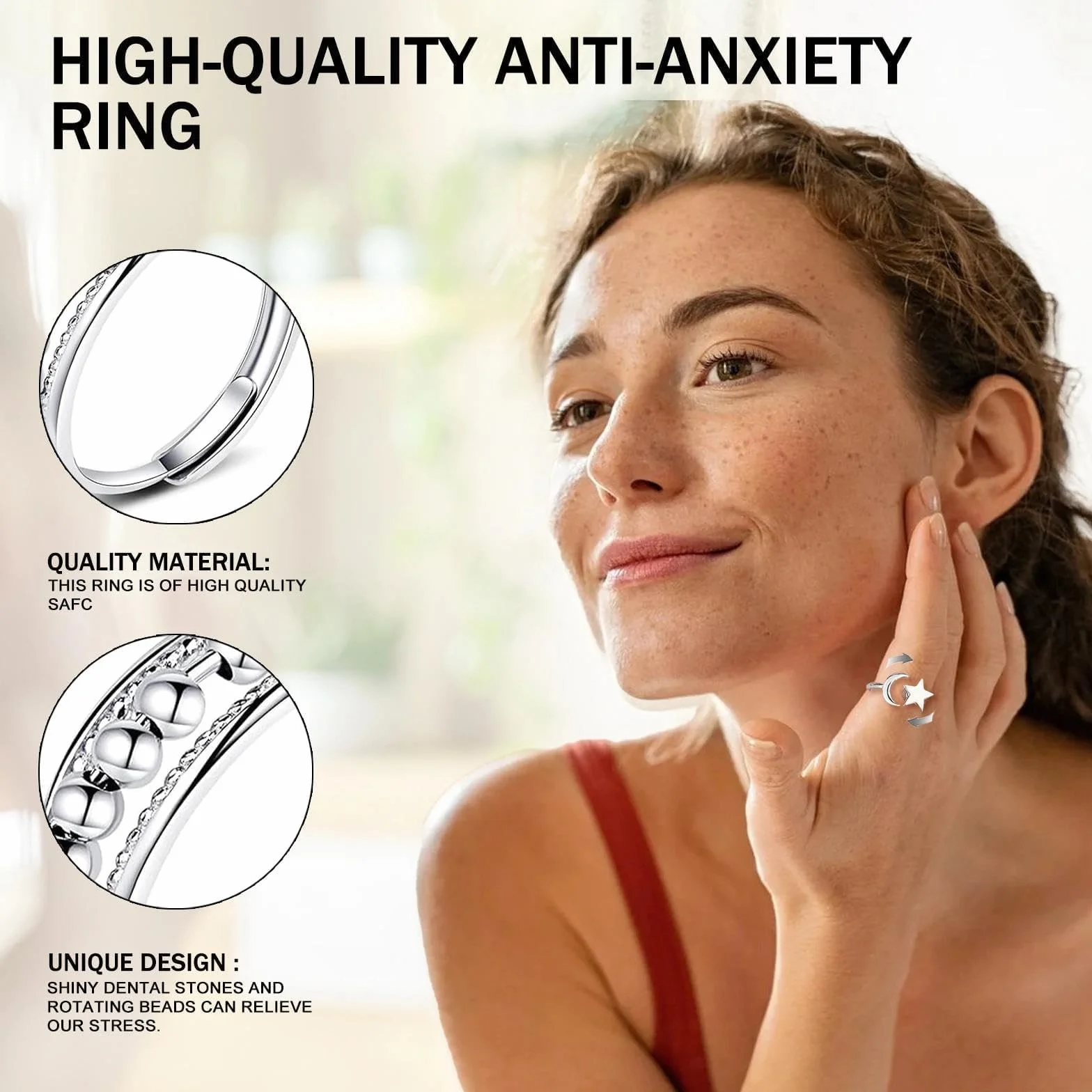 Anneaux de décompression 3 Pcs Bague Anti Stress Femme Argent Ajustables Rotatives Étoile Lune Soleil