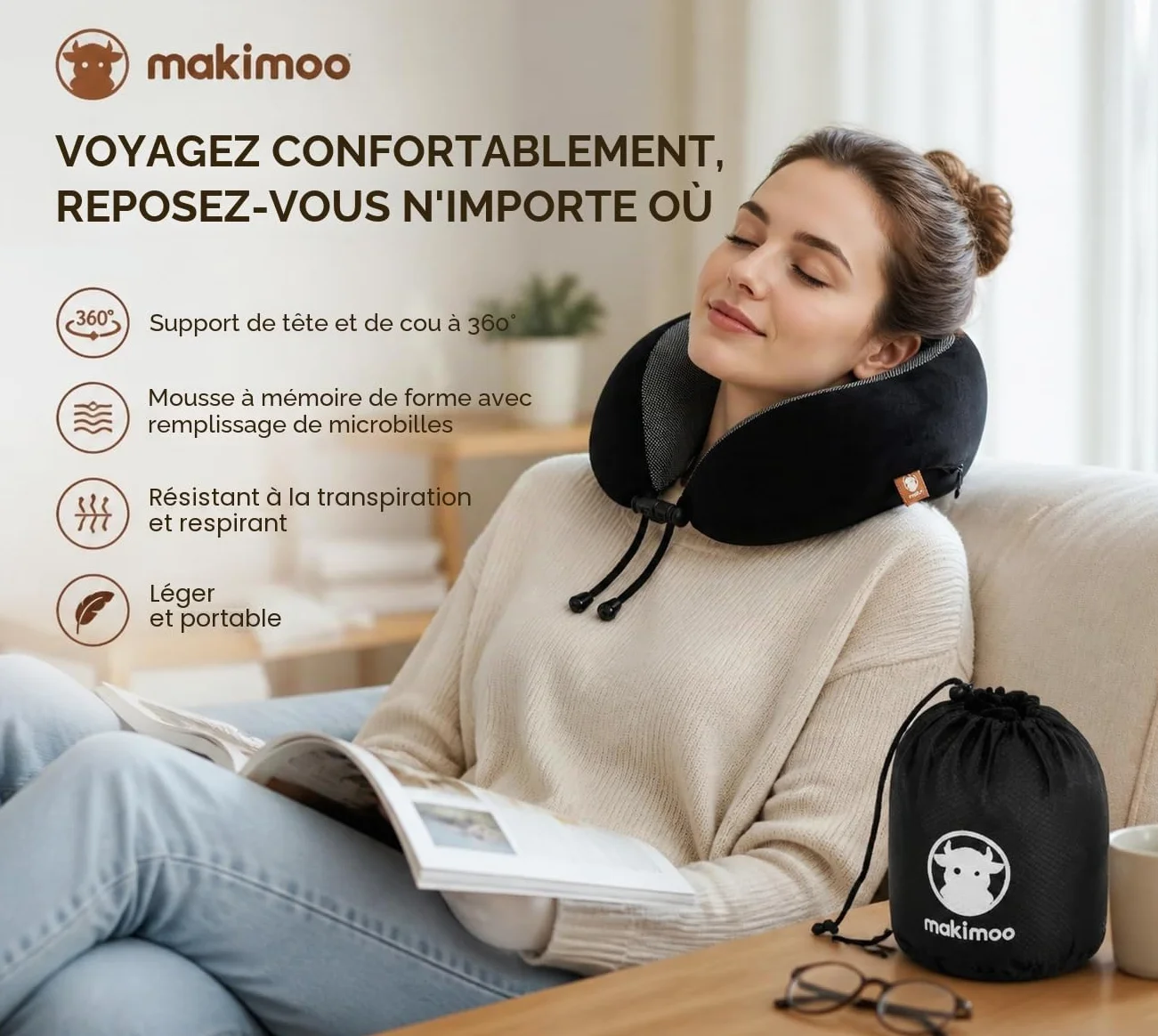 Oreiller de voyage en mousse à mémoire de forme cervical 360 degrés Noir