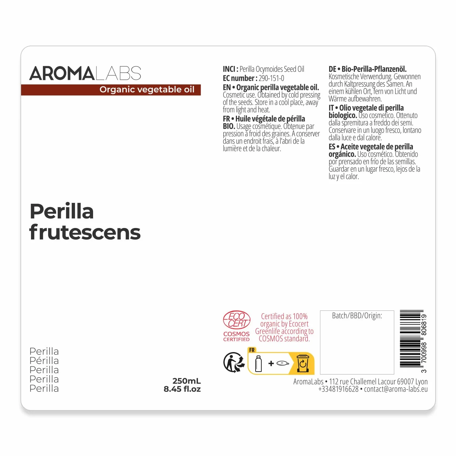 Périlla BIO (Perilla frutescens) - 250 mL - Huile Végétale Vierge et Certifiée Cosmos - Aroma Labs - Made in France