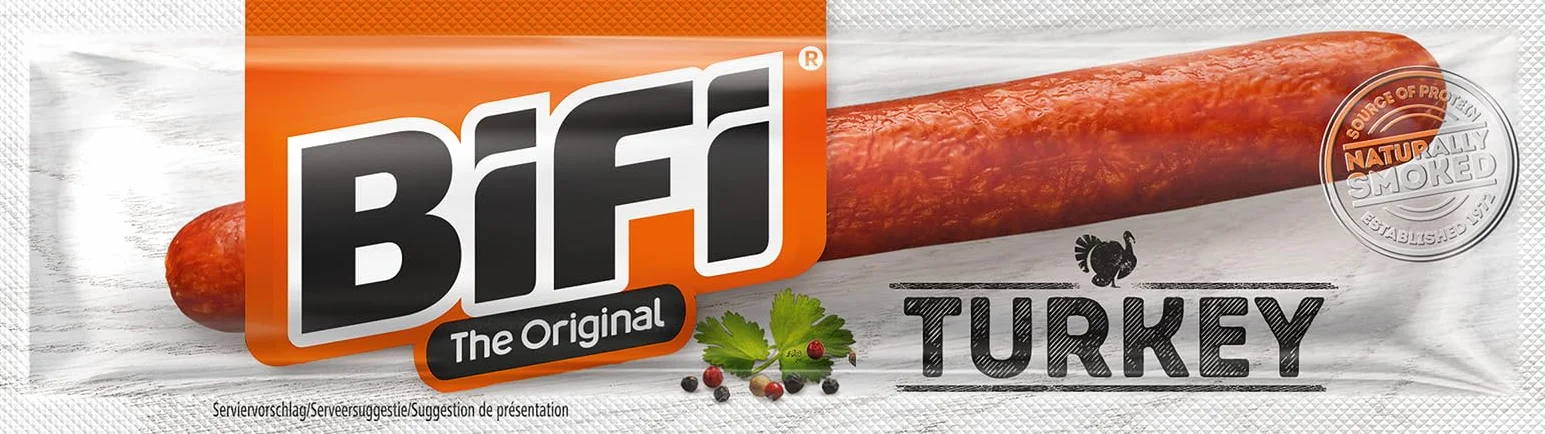 BiFi Turkey Sticks - Lot de 24 (24 x 20 g) - Snack saucisse à la dinde à emporter - Viande et saucisse séchées à l’air - Poivre, coriandre et ail - Boîte snack idéale