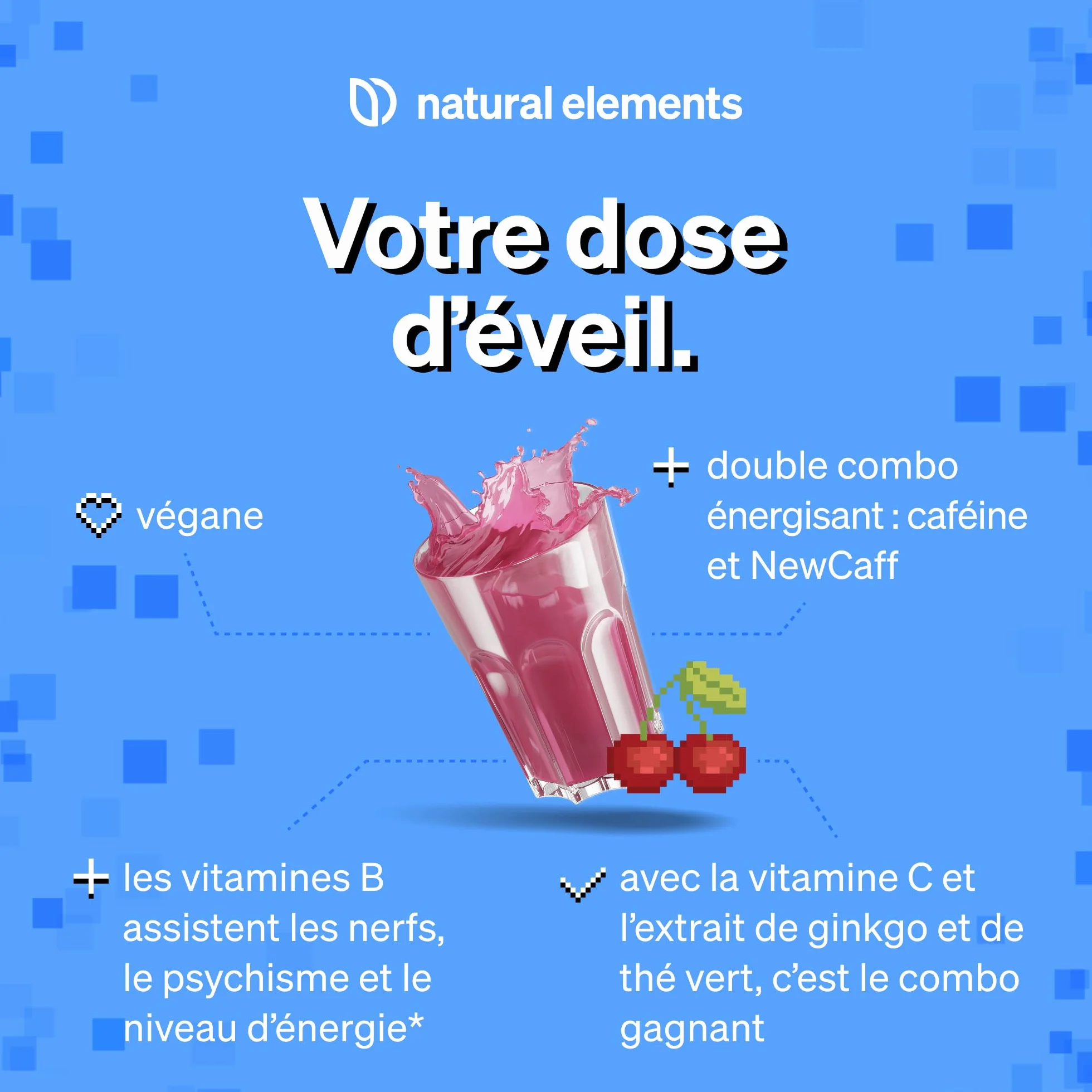 Power Up "Cherry" – Booster avec caféine, NewCaff75, vitamines B, vitamine C, L-tyrosine, extrait de ginkgo et de thé vert – 40 boissons – végane, hautement dosé, avec stevia – produit en Allemagne