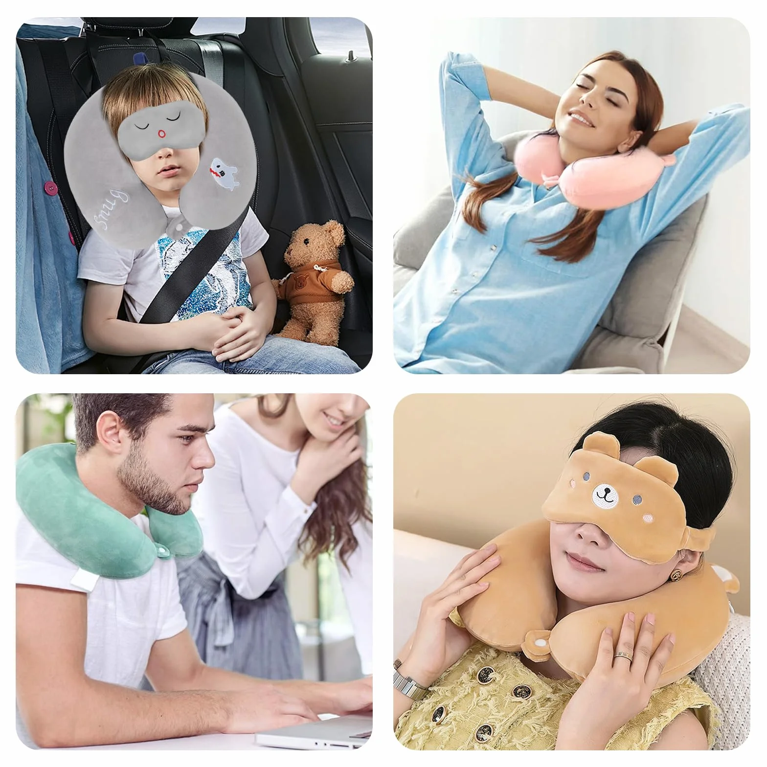 Oreiller de Voyage Enfant en Forme de U, Chat Gris, avec Masque pour les Yeux, Taie Amovible et Lavable