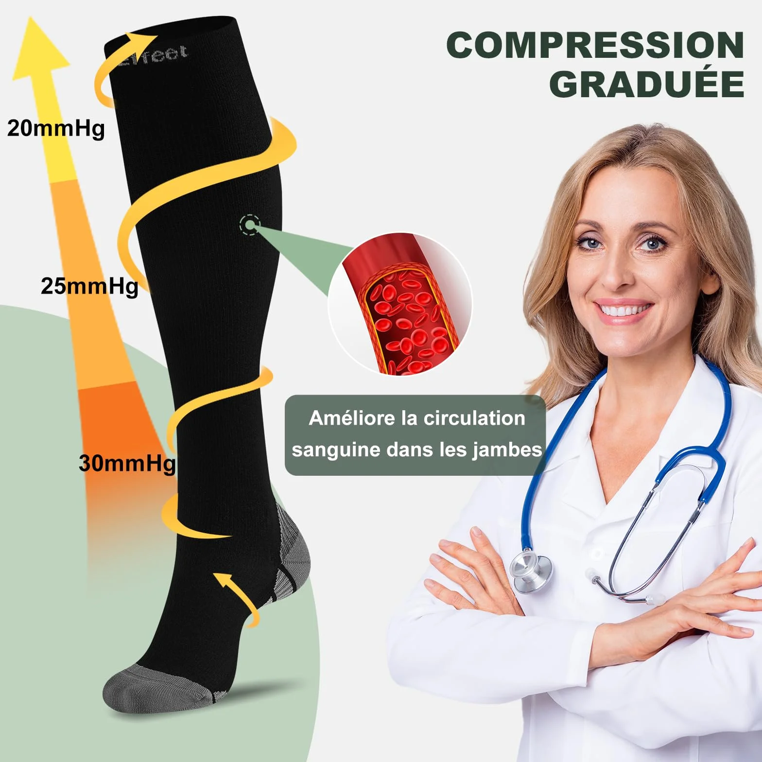 Bas de Contention Femme et Homme, 2 Paires Chaussettes de Compression Rembourrées pour Sport, Avion, Voyage