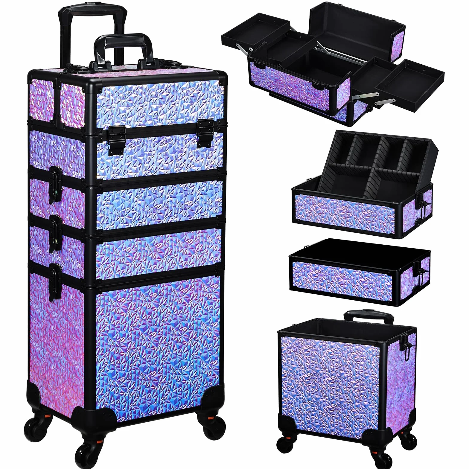 Valise de Maquillage XXL 4-en-1 Cadre Aluminium Violet Dégradé, Mallette Cosmétique Verrouillable à roulettes 360°