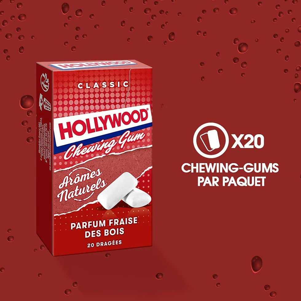 Hollywood Chewing Gum Classic - Parfum Fraise des Bois - Arômes Naturels - Lot de 20 paquets de 20 dragées (28 g)