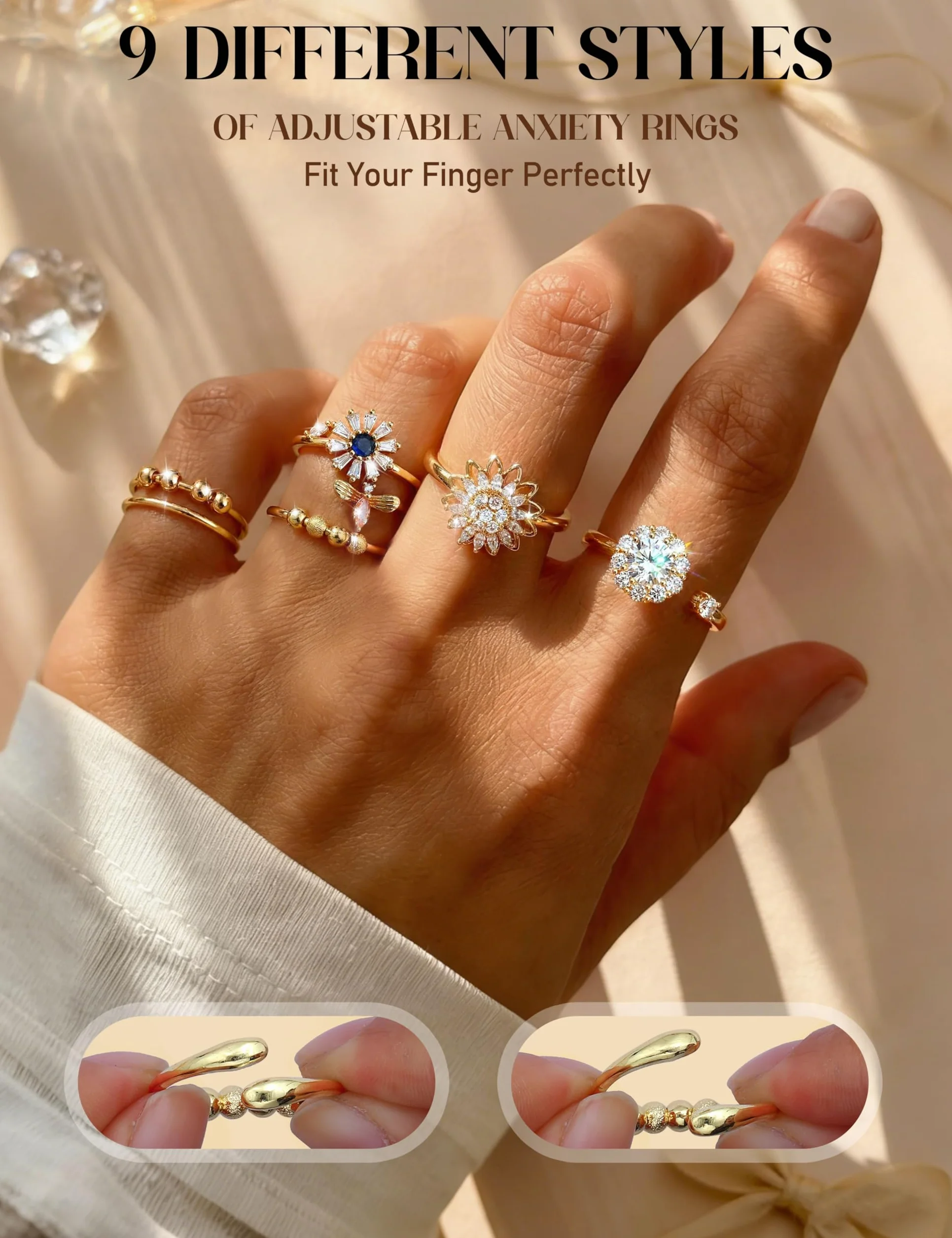 Kakonia 9 Pièces Bague Anti Stress Femme Enfant Argent Or Fidget Bague Anxiété Rotative Antistress Reglable Empilables Spinner Ensemble Relaxation