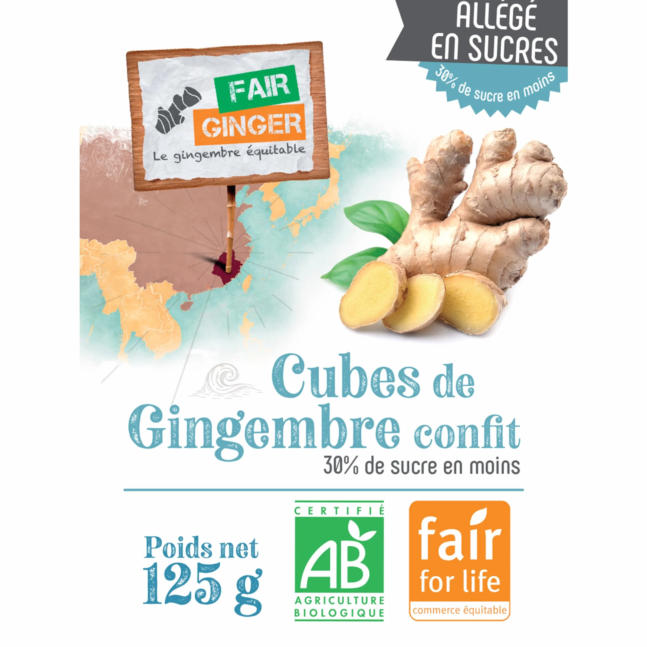 Gingembre confit allégé en sucre BIO en cubes 125G - Fair Ginger
