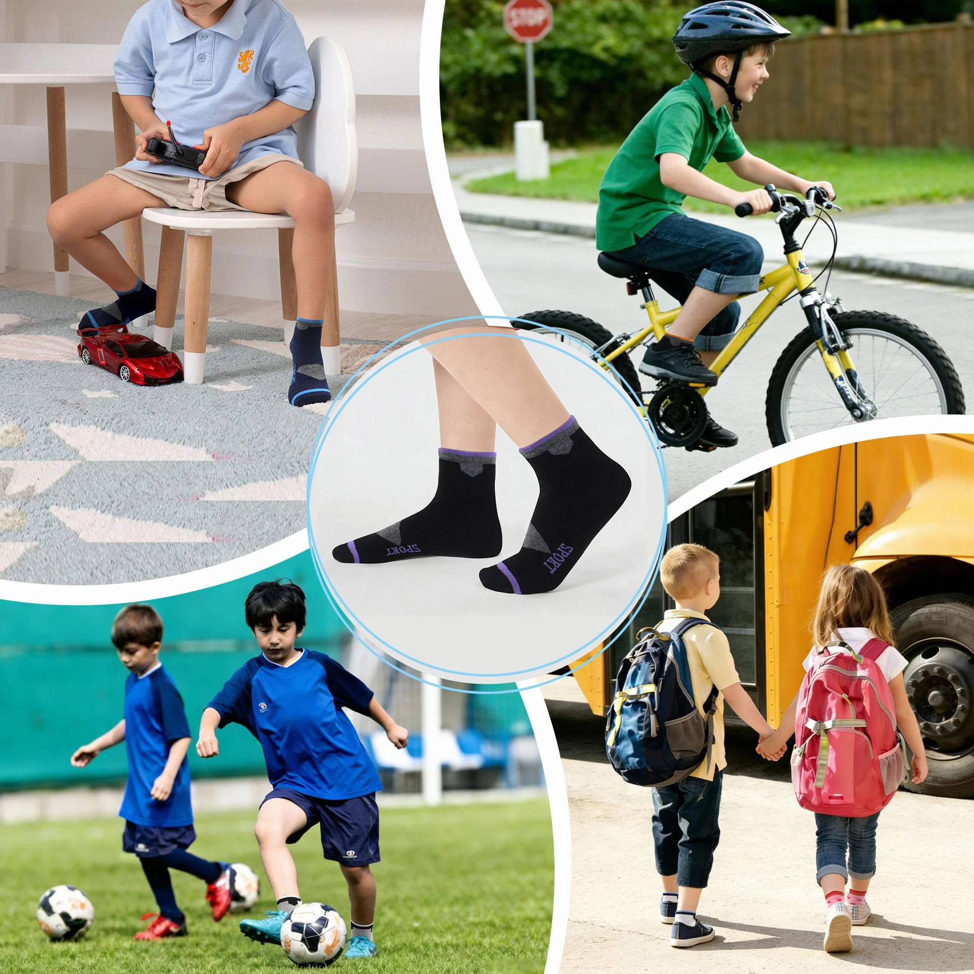 Chaussettes Enfant Garçon Fille Coton Doux Respirantes Motifs Sport Unisex Foot Confortables Pack de 12
