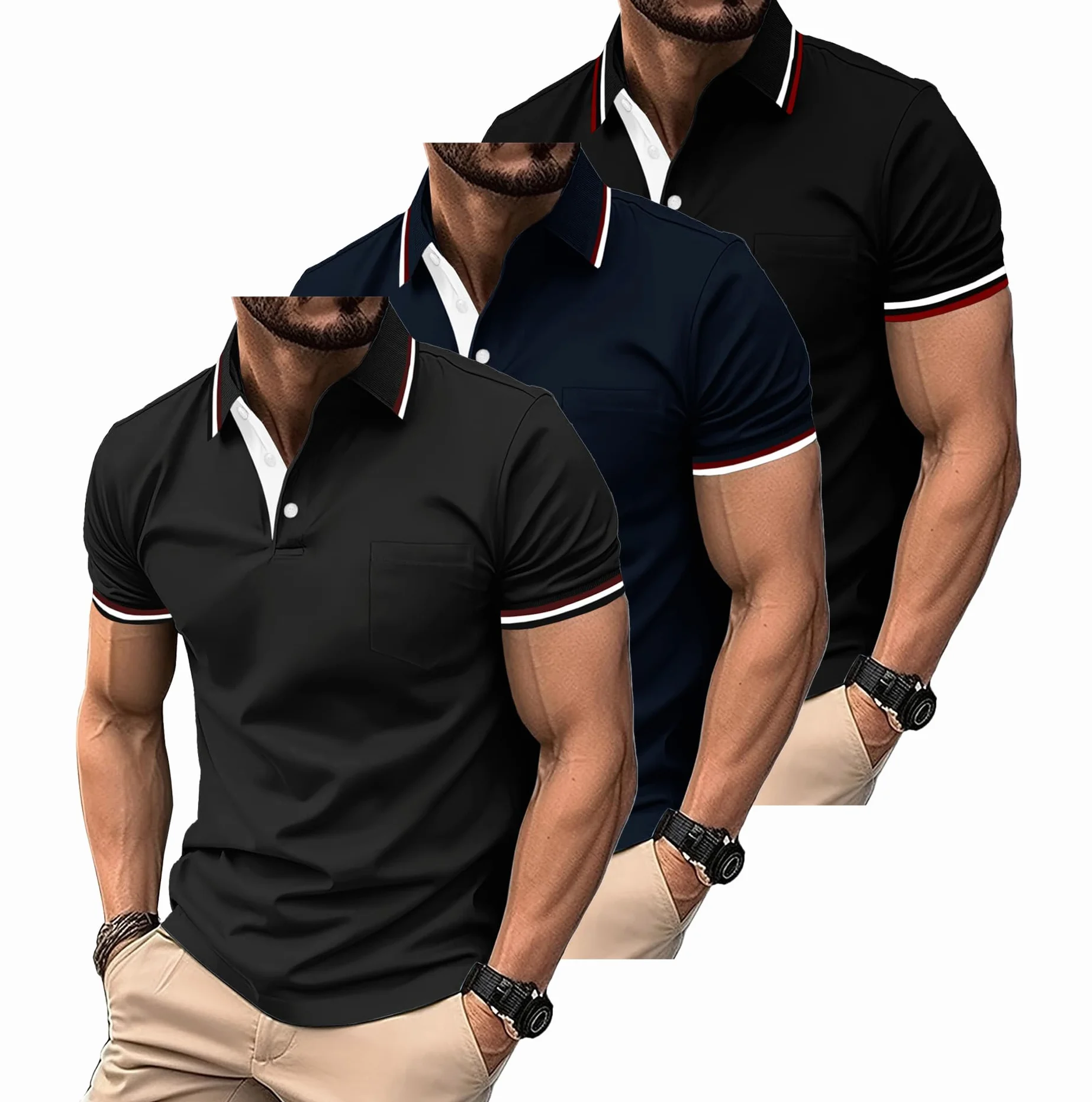 ZITY Lot de 3 Polo Homme Manches Courtes Léger T Shirt Boutons Respirant