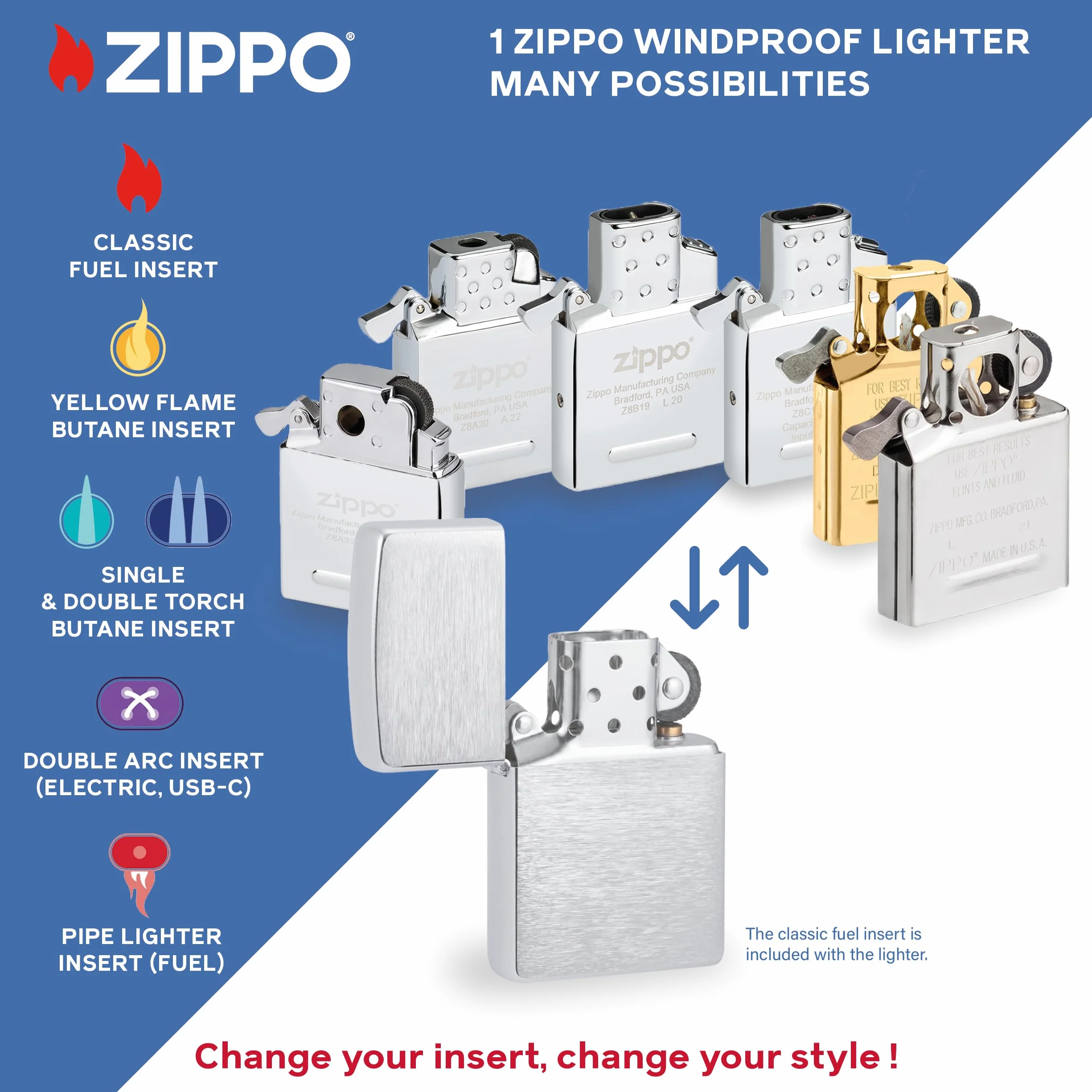 Zippo Briquet Tempête - Design Flamme - Chrome Satiné - Rechargeable - Réutilisable - Design Coupe-Vent - Coffret Cadeau Fabriqué aux États-Unis - Exclusivité Amazon
