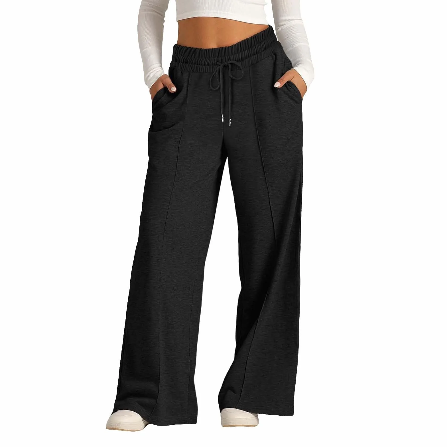 Pantalon de jogging ample taille haute pour filles avec cordon de serrage, jambe droite, couleur unie, poches