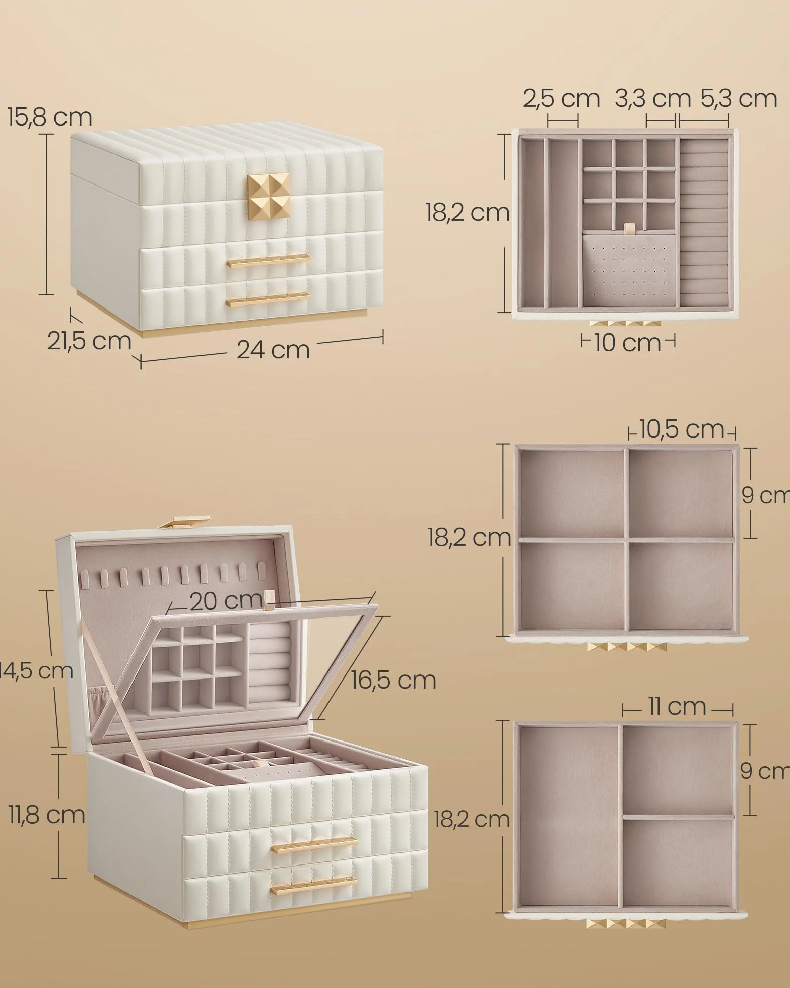 SONGMICS HOME ANAH Collection Boîte à Bijoux 3 Étages avec Miroir 2 Tiroirs Surface PU 21,5 x 24 x 15,8 cm Blanc