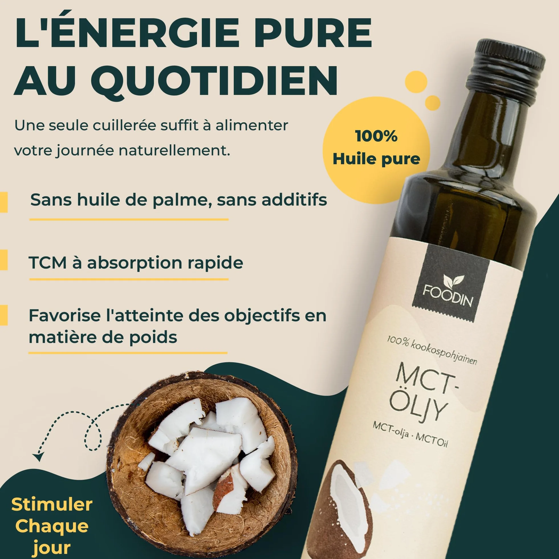 FOODIN Huile MCT 100% Huile de Coco,Triglycérides à Chaîne Moyenne (MCT), Sans Gluten & Végétalienne, de Coco Pure pour Athlètes, Idéale pour Régimes Cétogènes & Bienfaits Santé, 2 x 500 ml
