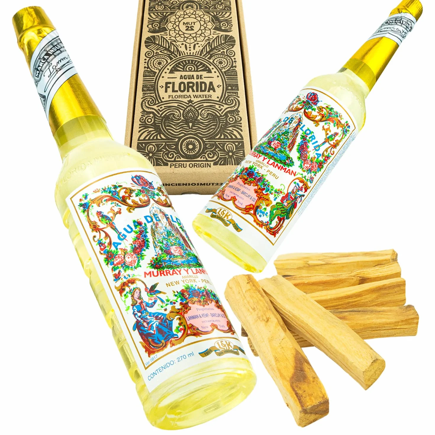 2 Eau de Floride du Pérou 100% Originale et 6 Palo Santo – Ensemble Complet de Nettoyage Spiritue