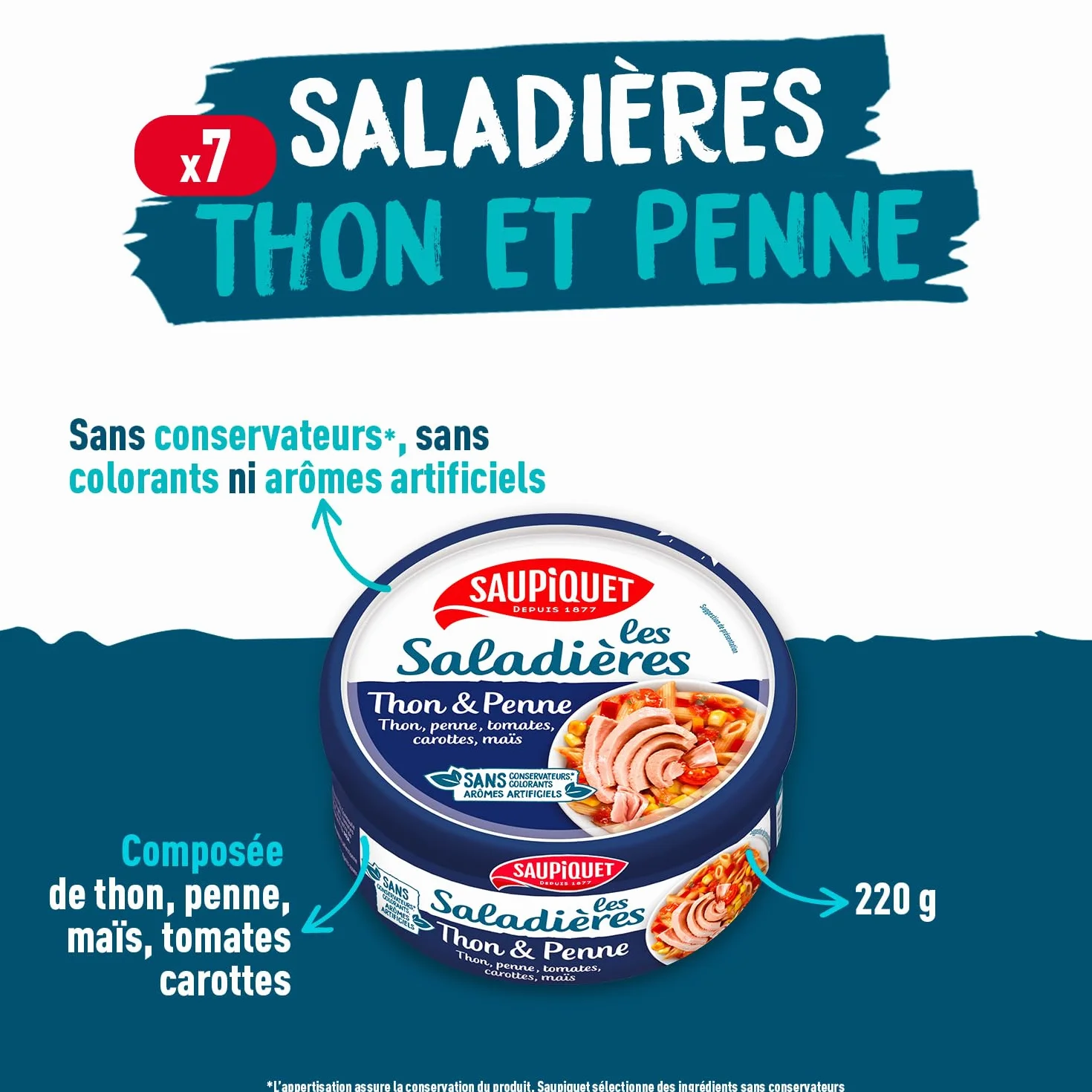SAUPIQUET - Saladières Thon Penne - Salade Préparée Prête à Consommer - Conservation Température Ambiante - Idéale Pique-Nique - Poisson Issu Pêche Traçabilité Garantie - 7 Conserves (220 g)