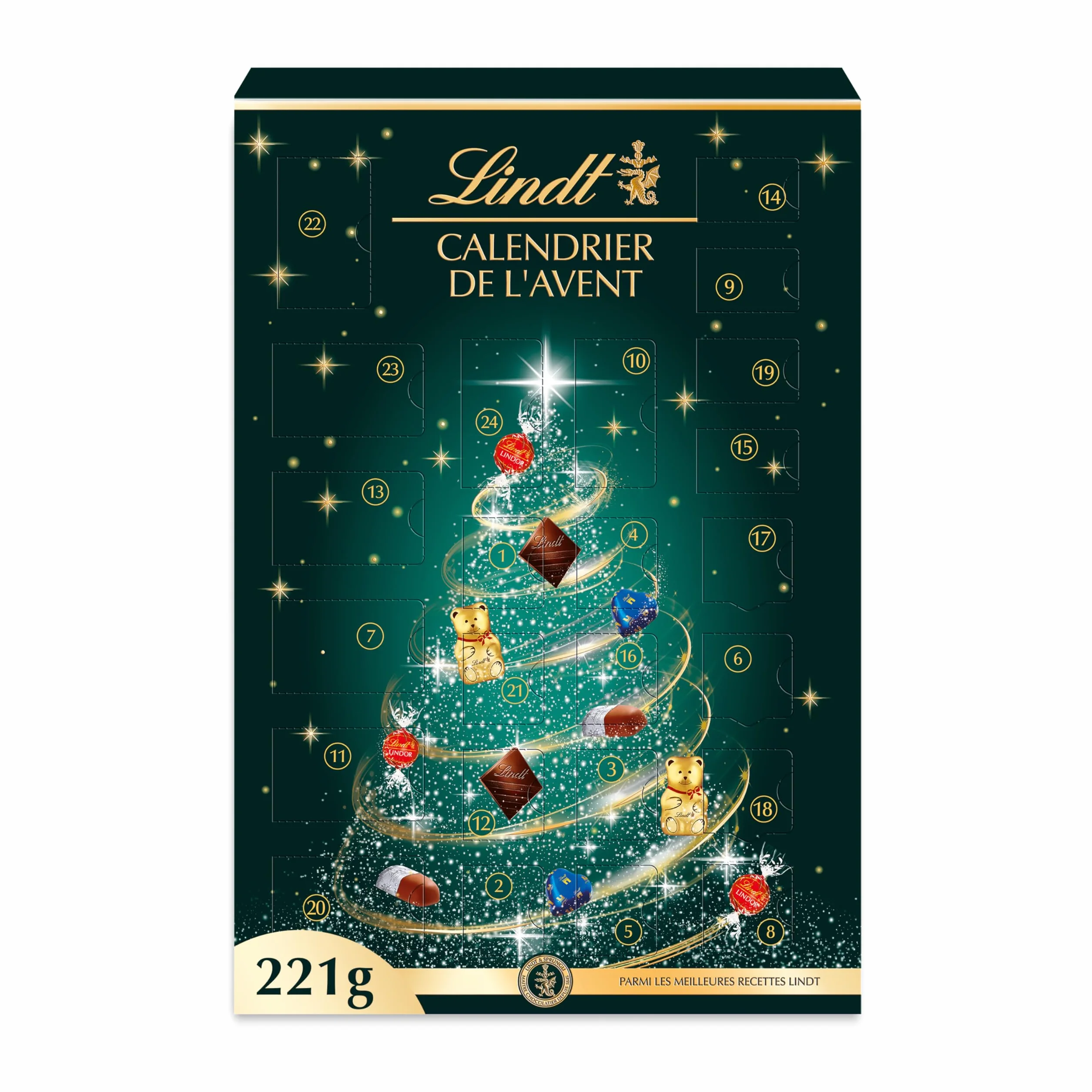 Lindt - Calendrier de l'Avent - Assortiment de Chocolats au Lait, Noirs et Blancs - Idéal pour Noël, 221g