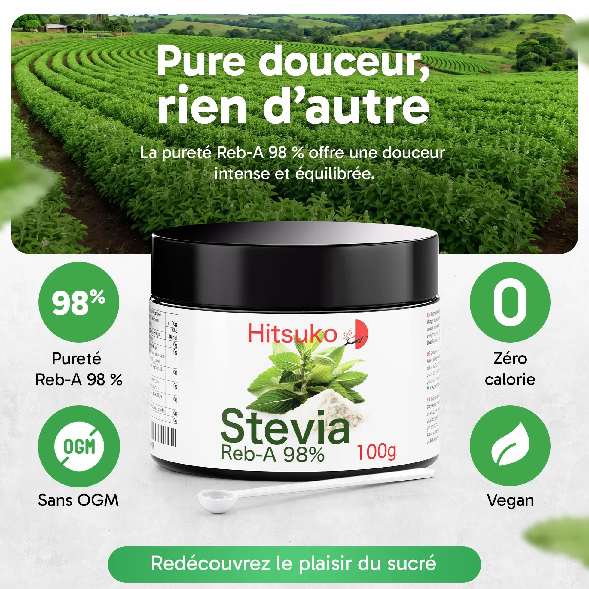 Poudre de Stévia Ultra-Concentrée (100g) | RebA-98 Pur à 98% | 470x Plus Sucrant que le Sucre