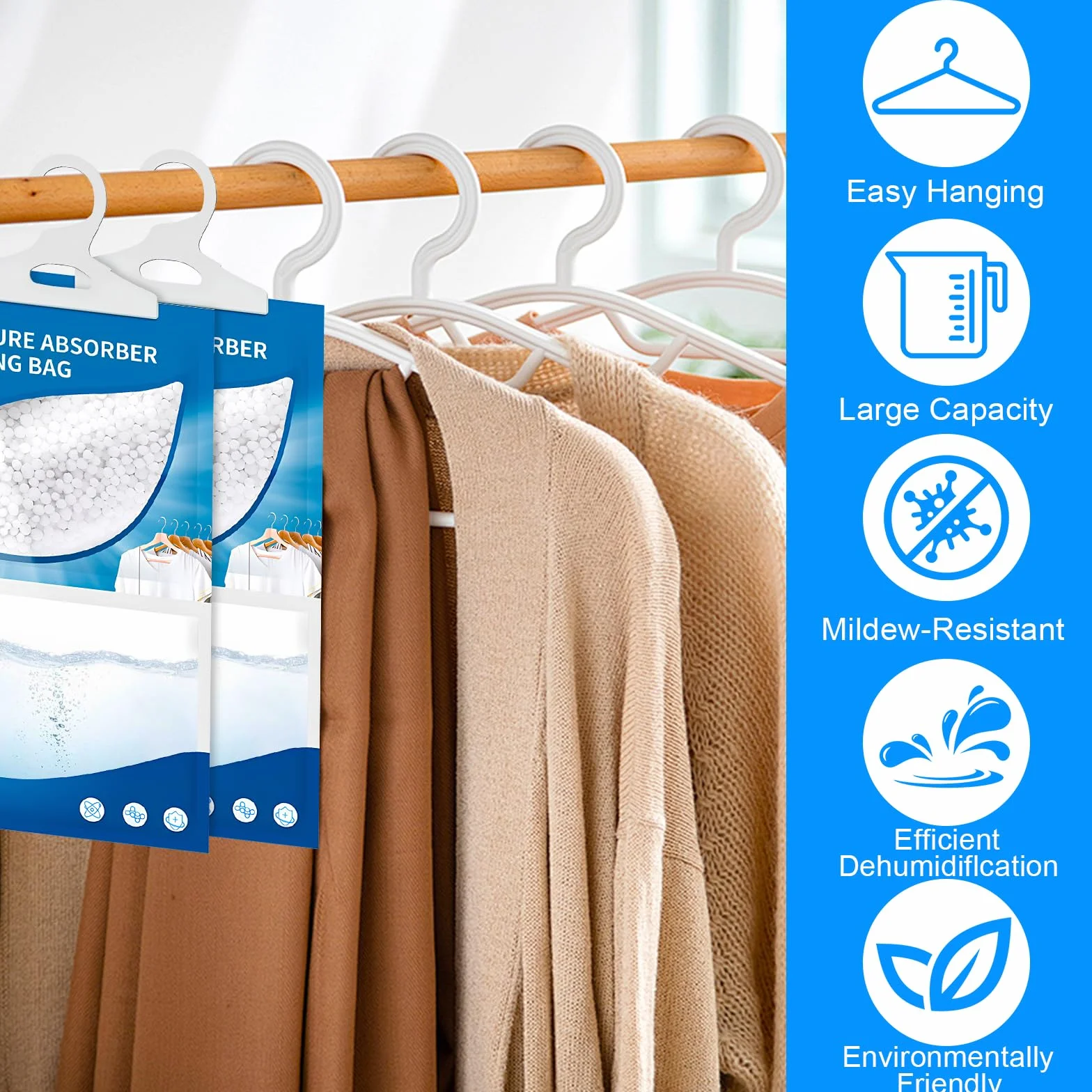 6 x 230g Absorbeur d'Humidité, Sachets Déshumidificateurs Suspendus pour Placard, Set Anti-Moisissure et Humidité pour Cuisine, Salle de Bain, Garde-Robe, Voiture, Élimine les Odeurs