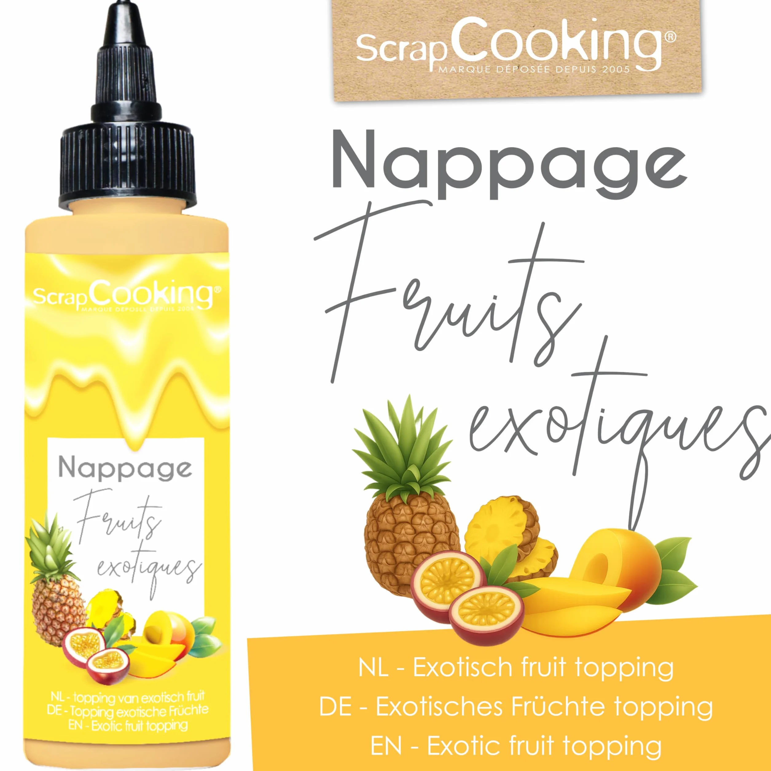 ScrapCooking - Nappage Fruits Exotiques 165 g - Flacon Squeezer - Pour Topping & Décoration Gâteaux, Glaces, Yaourts, Crêpes & Gaufres - Déco Alimentaire Pâtisserie - 8565