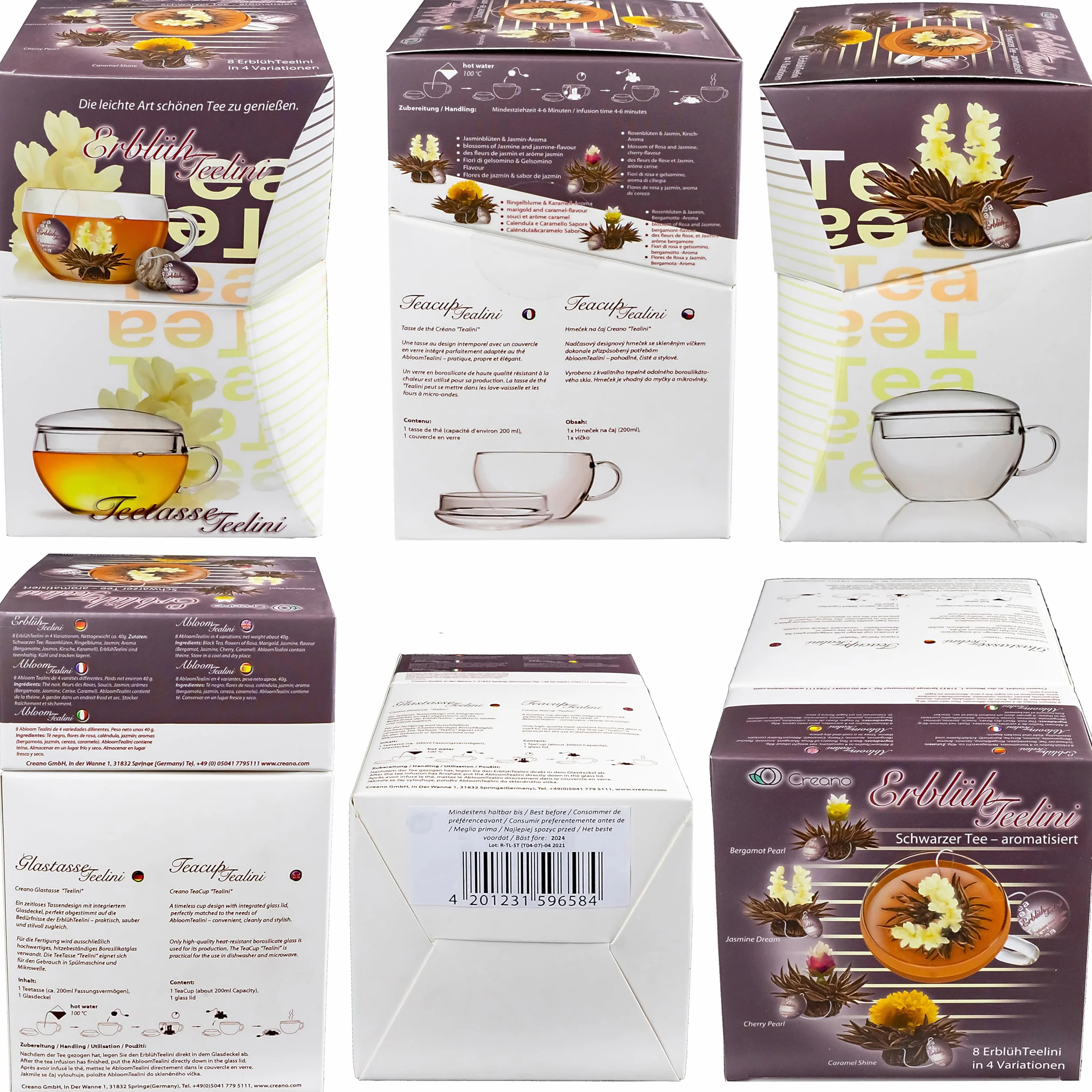 Creano Coffret Cadeau Teelini Noir – 8 Fleurs de Thé Noir en Portion de Tasse avec Tasse en Verre 200ml & Couvercle – Idée Cadeau Anniversaire, Collègue & Détente