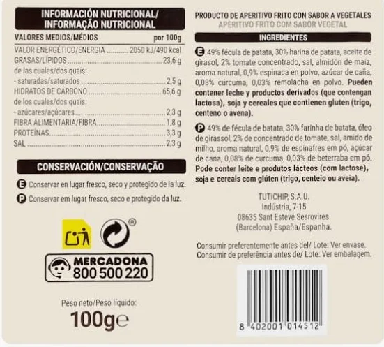 Hacendado Sticks Végétales Croustillants, Apéritif Frit avec Saveur de Légumes, 100g PACK 6, Conservation au Frais et à l'Abri de la Lumière