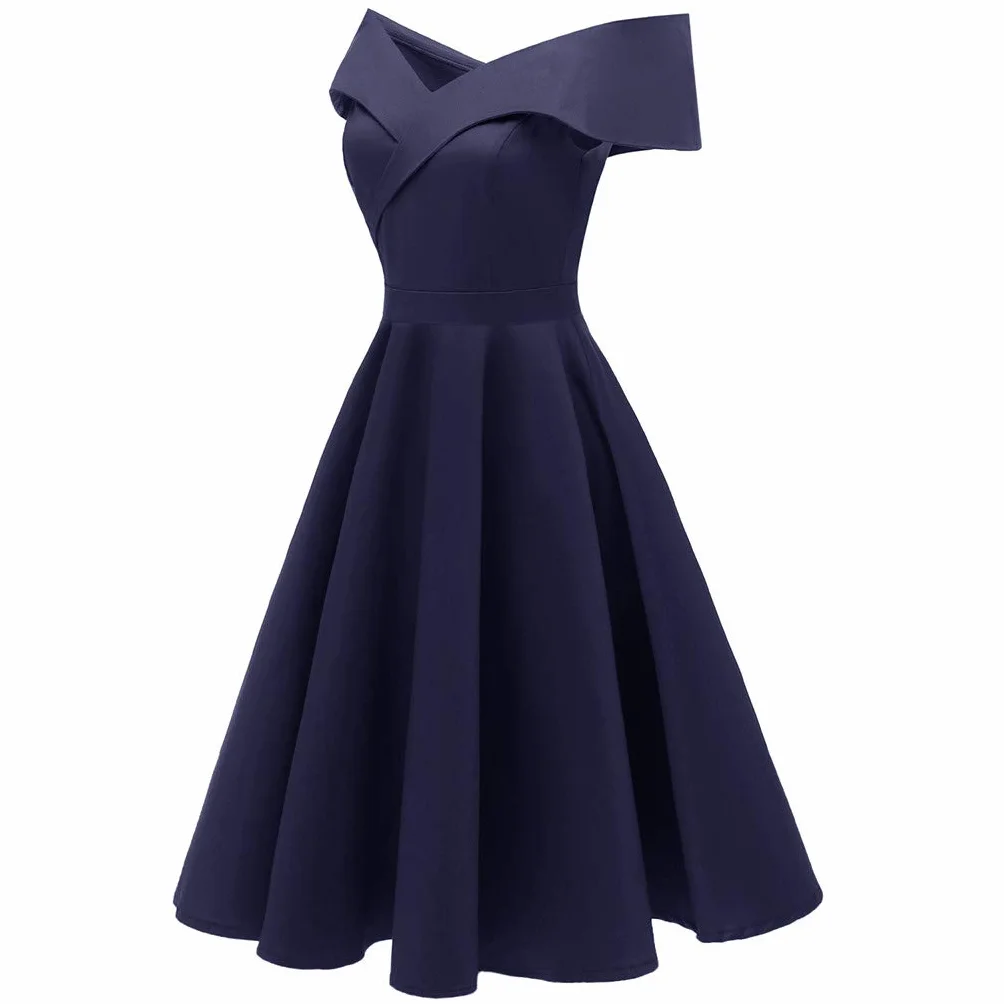 Robe Cocktail Femme Épaules Dénudées Demoiselle d'honneur Sexy Plissée Coupe Ourlet Ample Couleur Unie Chic