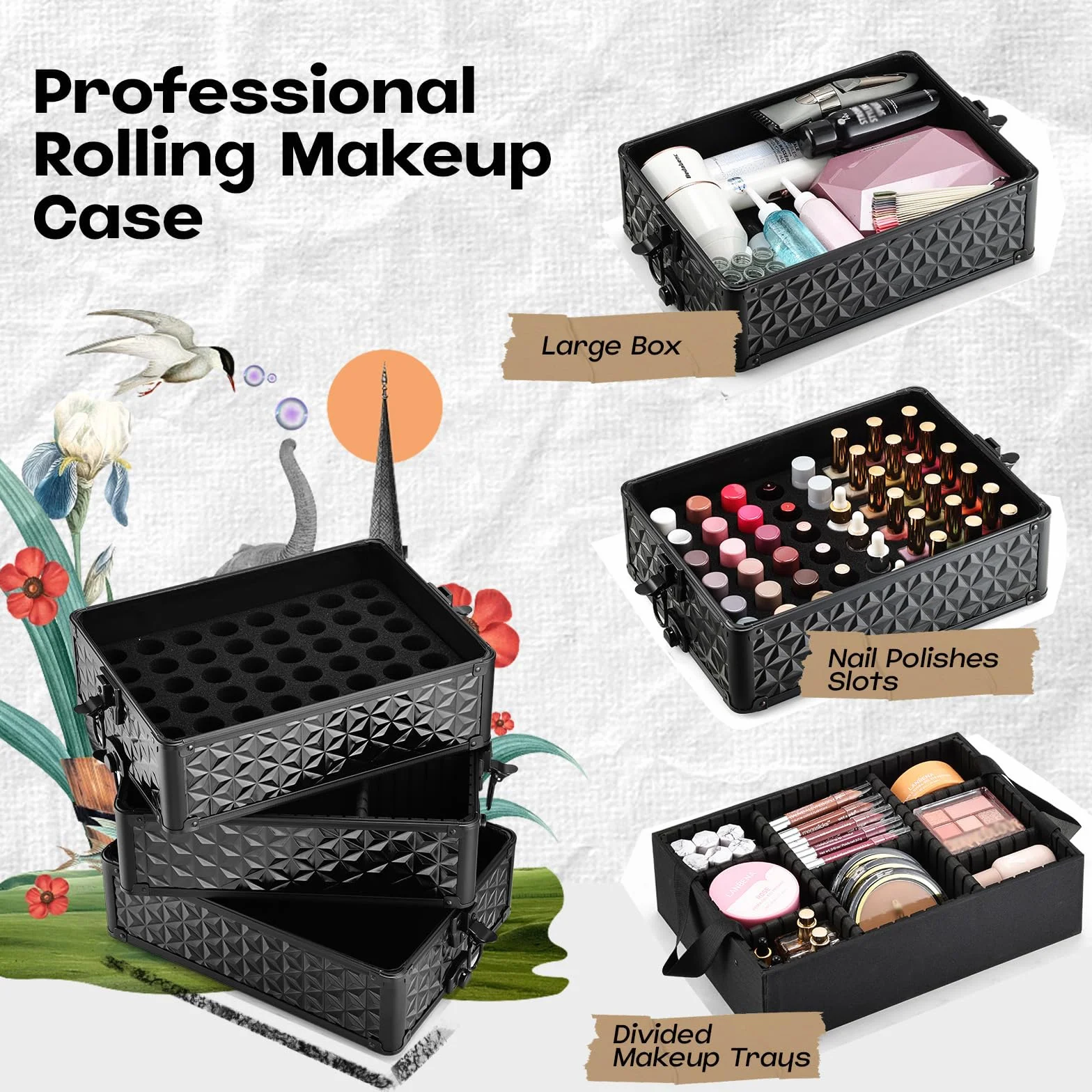 Valise Maquillage Professionnelle sur Roulettes en Aluminium Noir Clair