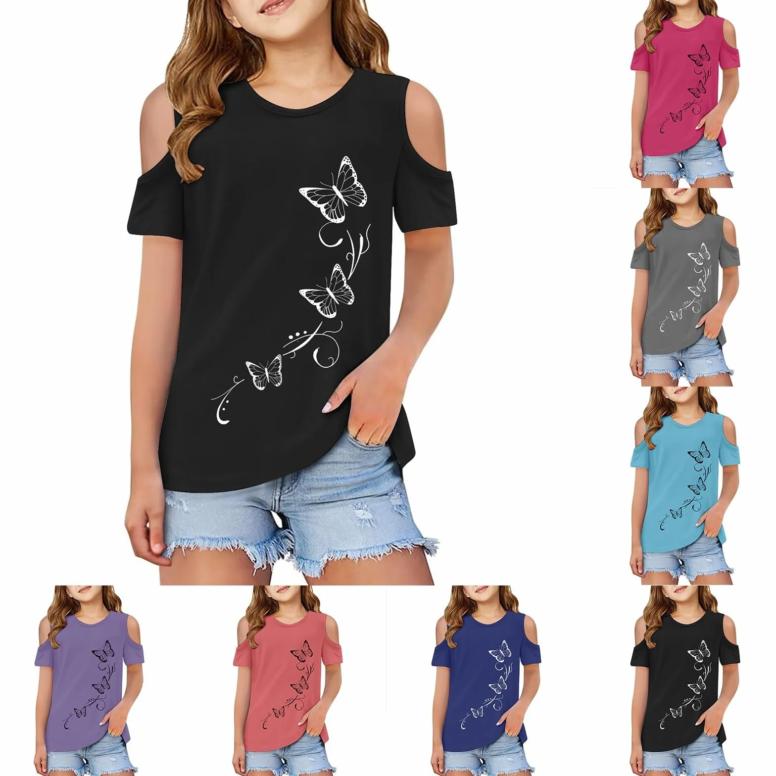Tee Shirt épaule Dénudée Enfant Fille Manche Courte 3-12 Ans été Mode Mignon Blouse T Shirt Ado Fille Chic Leger Confortable Casual Haut Top