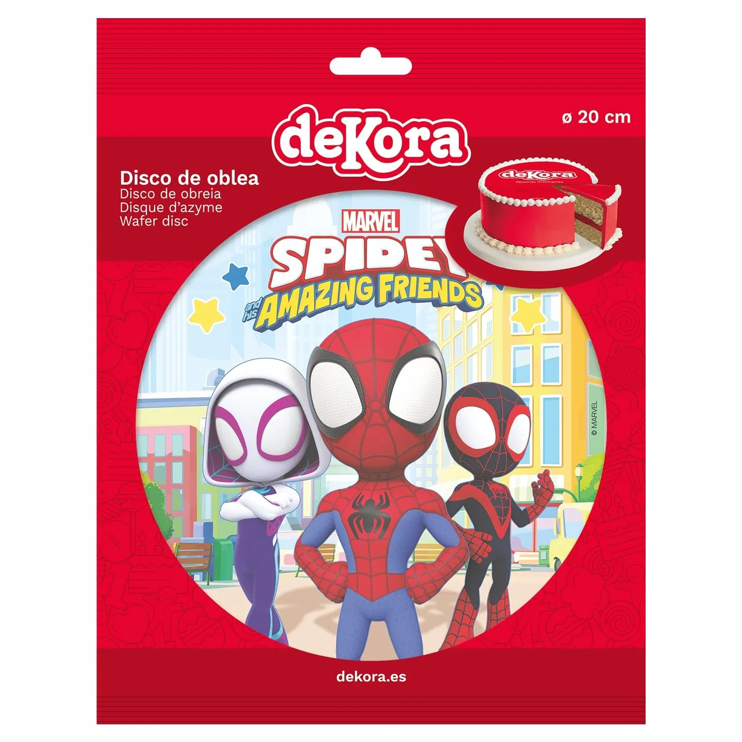 Dekora - Décoration Comestible pour Gâteau d'Anniversaire pour Enfants - Disque Gâteau Spidey 20 cm - Décoration de Gâteau de Gaufret Sans Gluten, Sans Lactose - Convient aux Végétariens