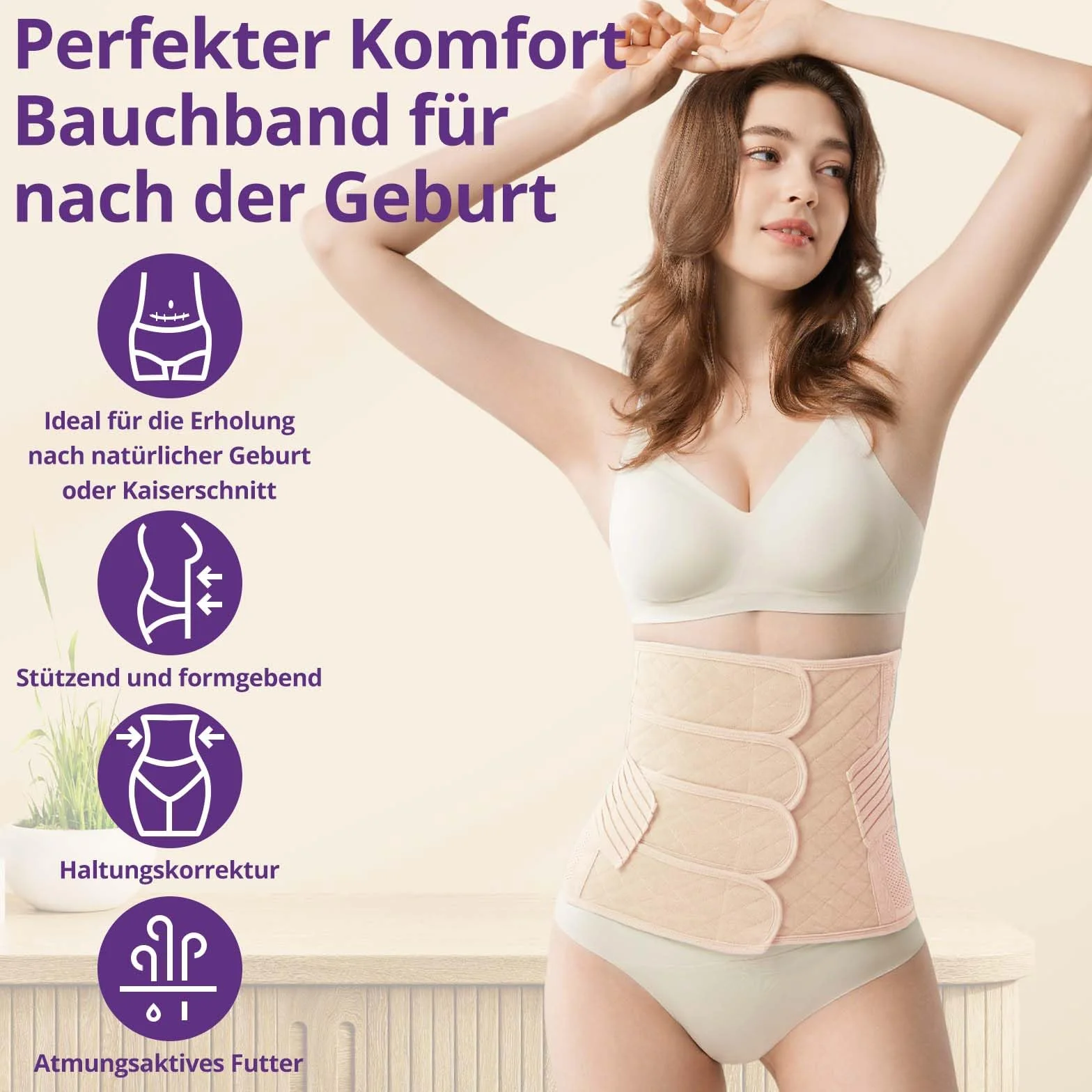 Ceinture de Grossesse Post-Partum avec Bande Pelvienne Ventre Plat Soutien Abdominal Réglable Accouchement Voie Basse Césarienne Beige XXL 70KG-80KG