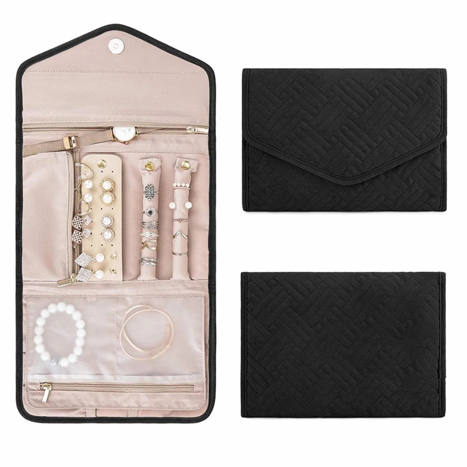 Aucuu Pochette Rouleaux à Bijoux Pliable, Organisateur de Voyage pour Bijoux, Sac en Rouleau Noir