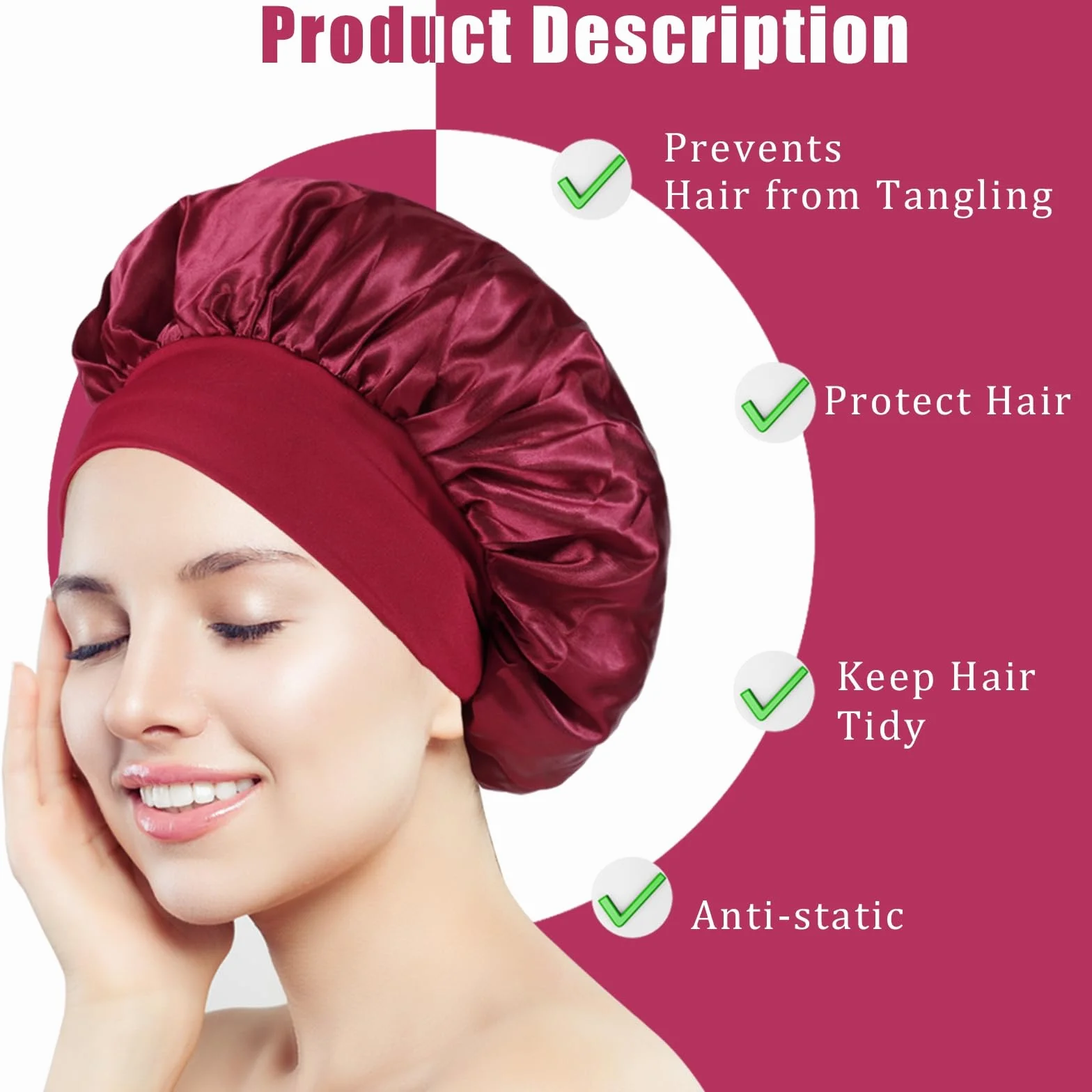 Bonnet Satin Cheveux Nuit pour Femme Élastique Soin des Cheveux 4 Pcs Noir Cyan Café Vin Rouge