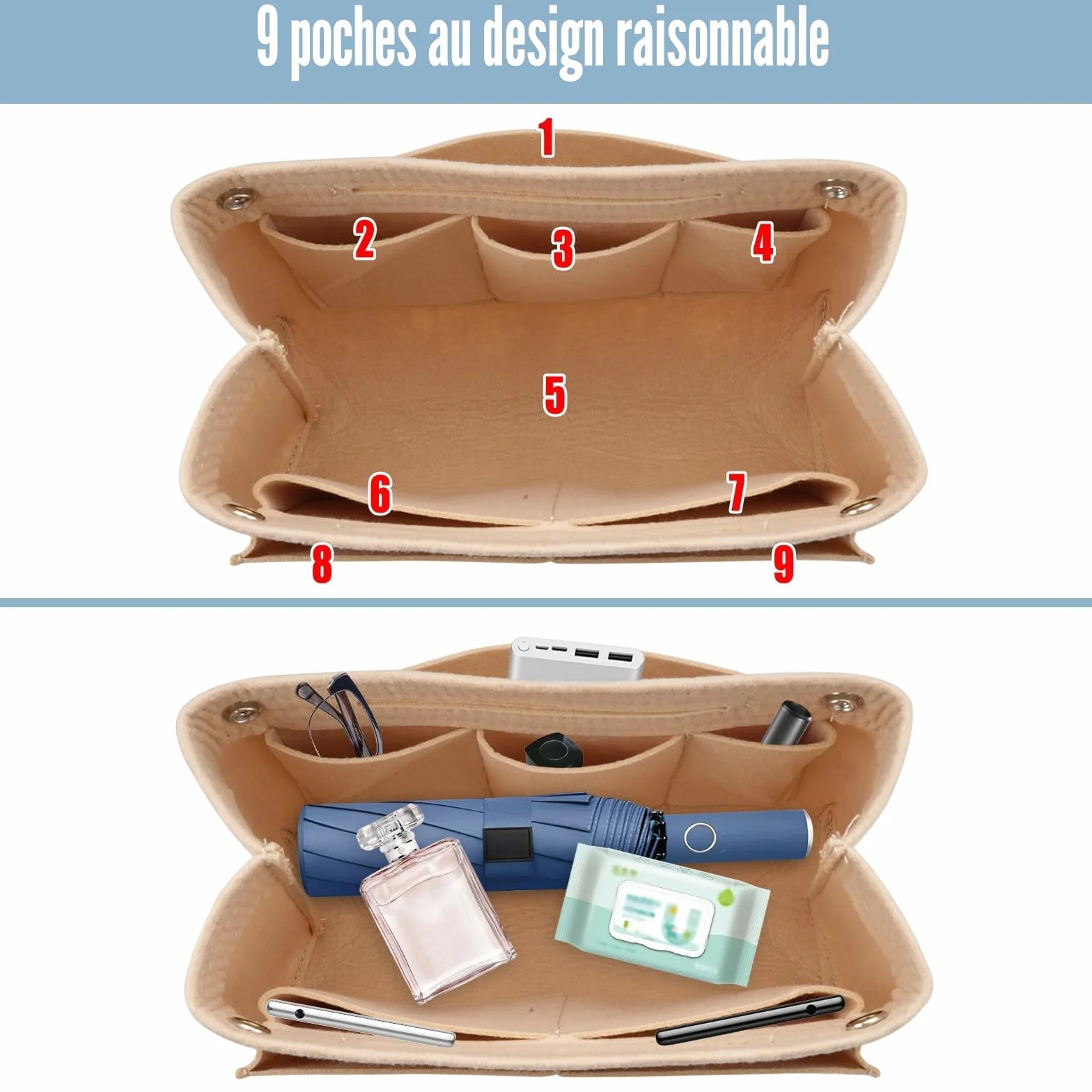 Sac à Main Organiseur en Feutre 24x8x15 cm Beige