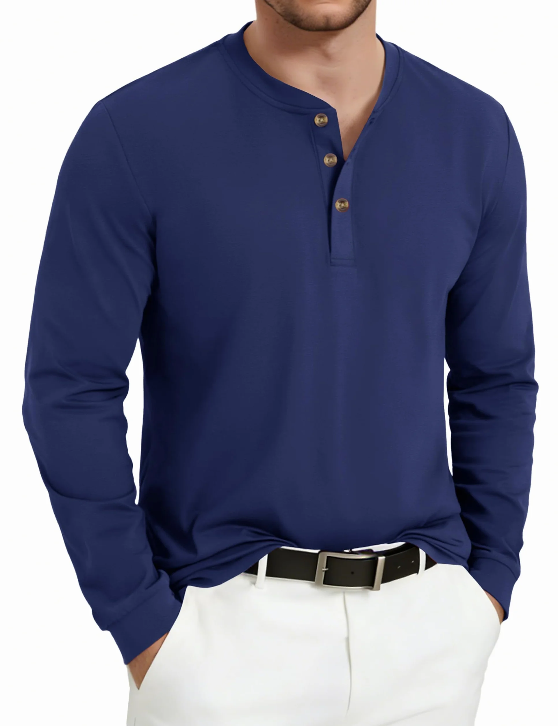 Chemise Homme Henley Manche Longue en Coton à 3 Boutons Col V Décontractée
