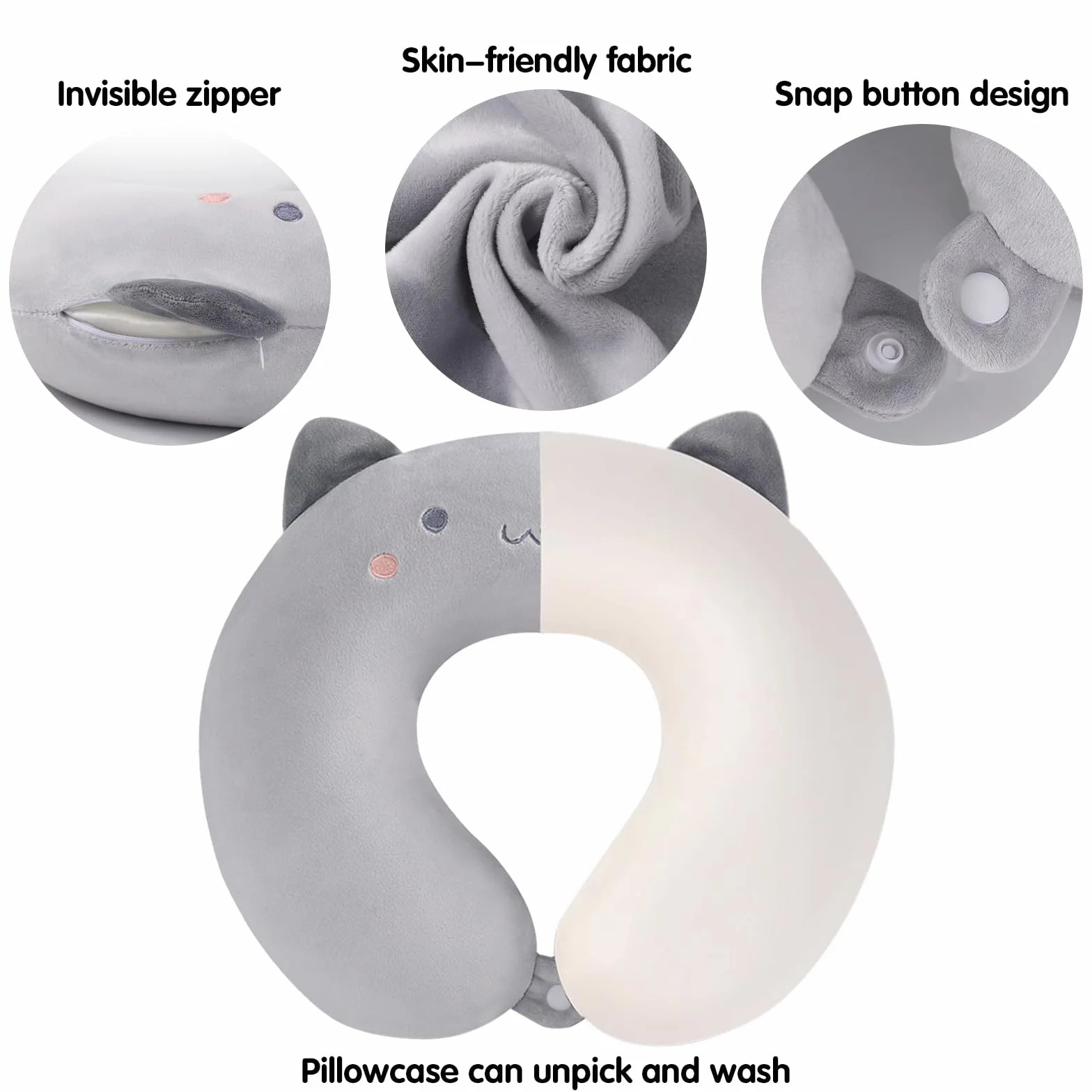 Oreiller de Voyage Enfant en Forme de U, Chat Gris, avec Masque pour les Yeux, Taie Amovible et Lavable