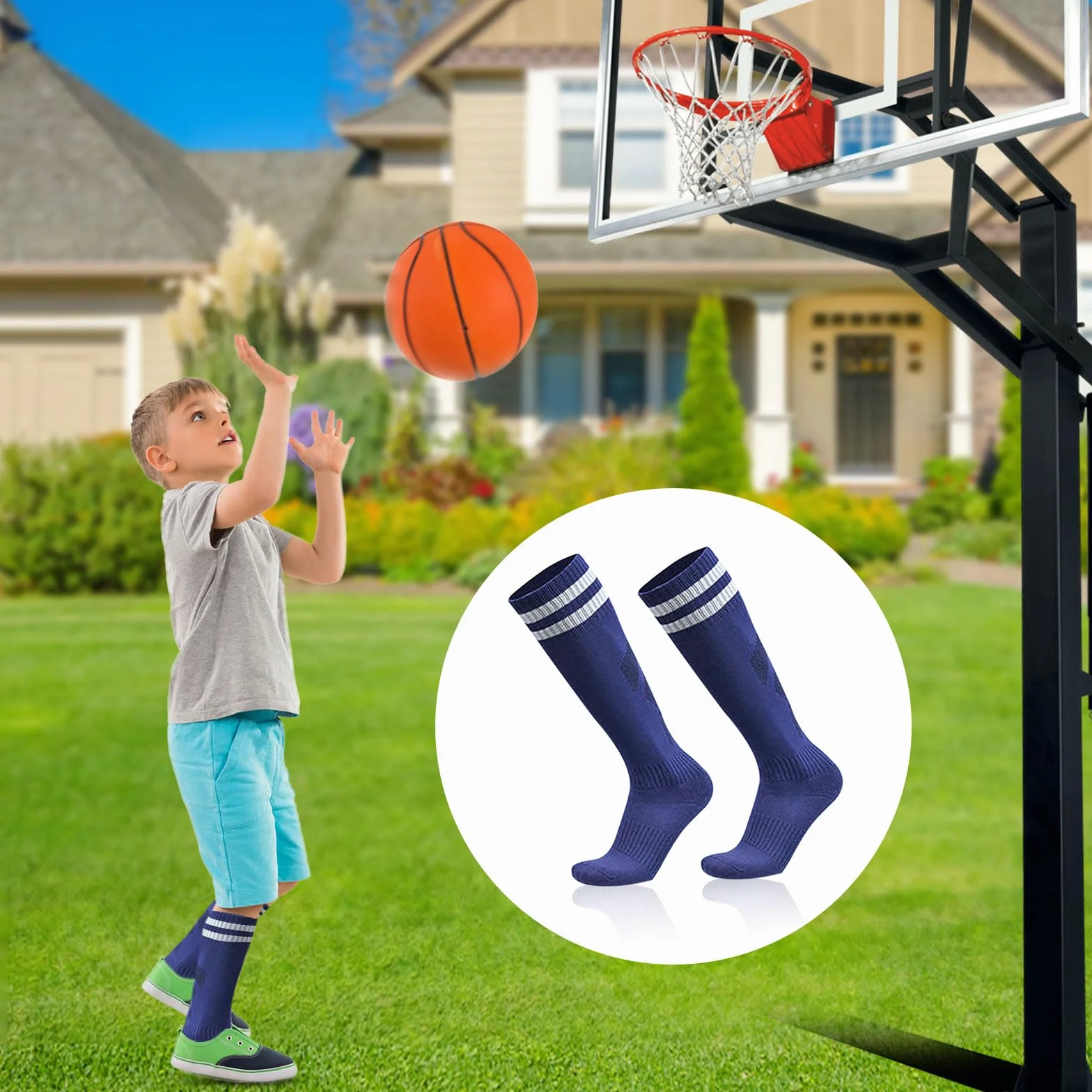 Chaussettes de Football Enfant 3 Paires Bleu Marine Garçons Filles Rugby Basket Hautes Sports 5-12 Ans
