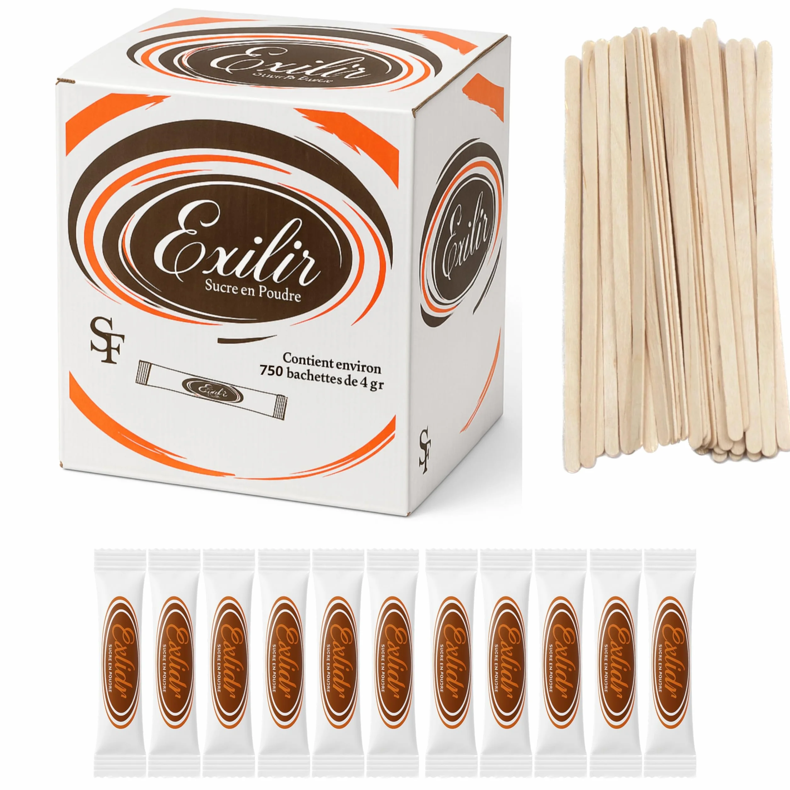 Lot de 750 Sachets EXILIR Bûchettes de Sucre Individuels de 4g (3kg) avec un lot d'agitateurs en bois - Inclus des agitateurs en bois - Idéal pour les Boissons Chaudes, Cafés et Thés