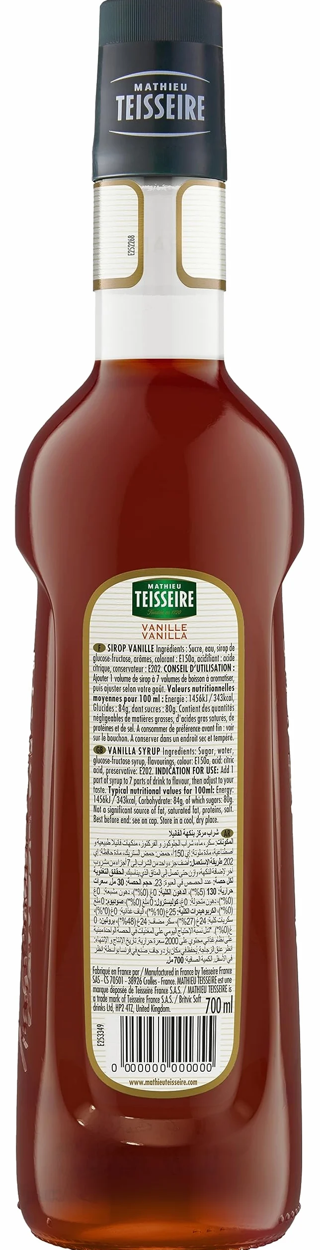 Sirop de Vanille Mathieu Teisseire, pour boissons, cafés, chocolats, milk-shakes, cocktails avec ou sans alcool, thés, bouteille de 70cl