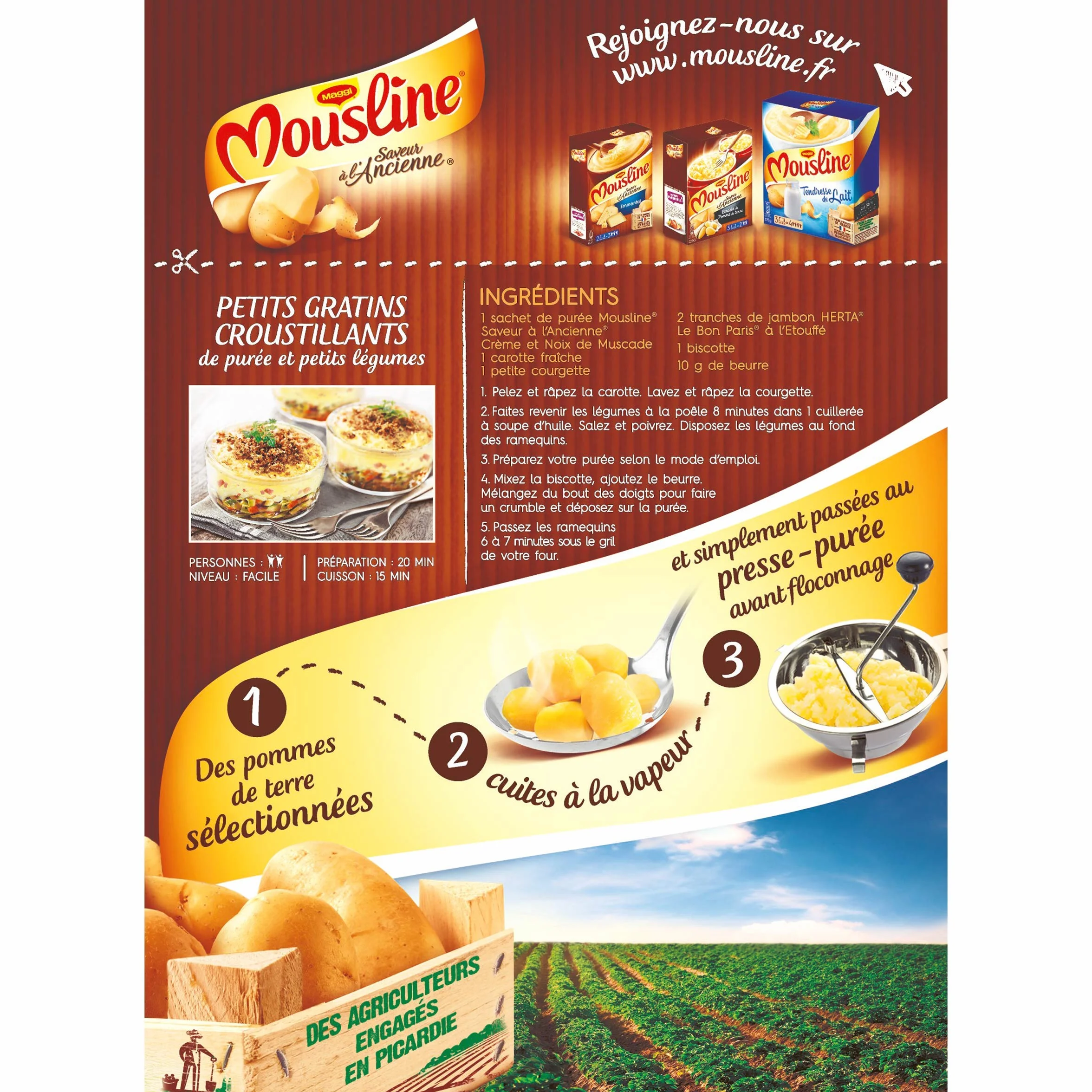 Maggi Mousline Purée Saveur à l'Ancienne Crème Muscade 3 Sachets de 65 g pour 2 personnes