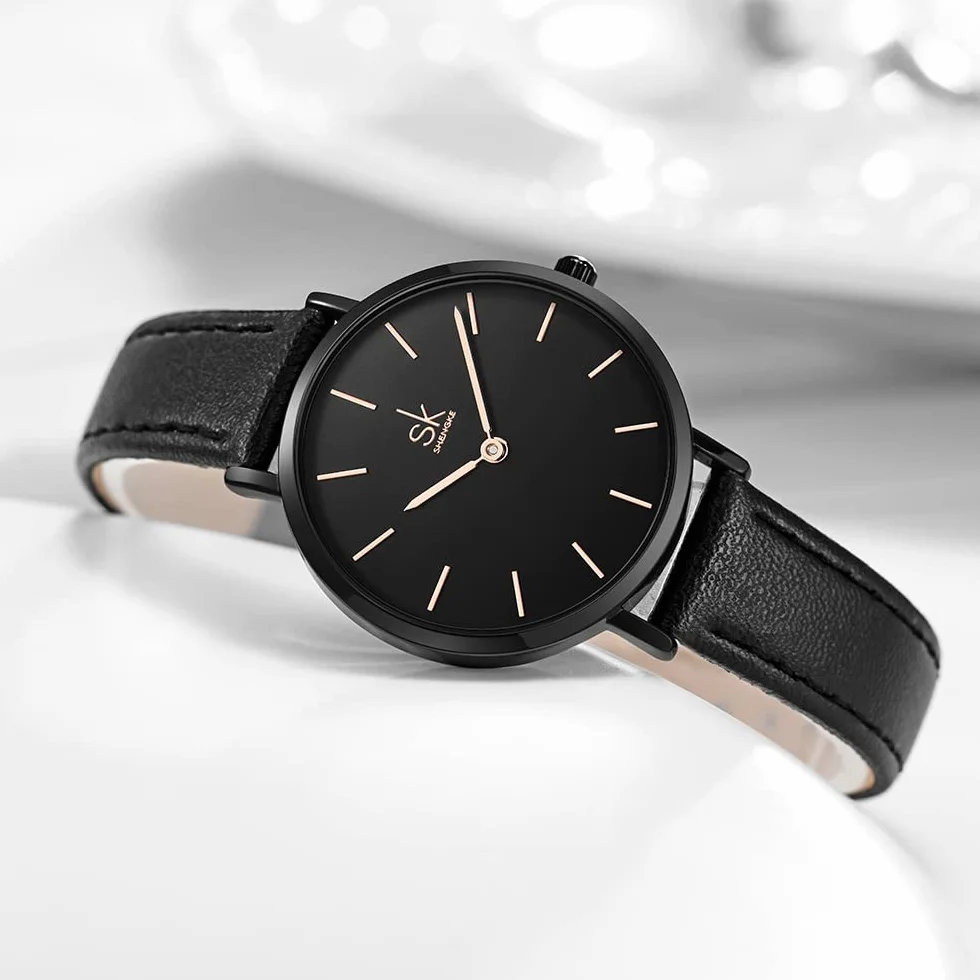 SK Montre Femme Ultra Fine Minimaliste Cuir Deux Aiguilles