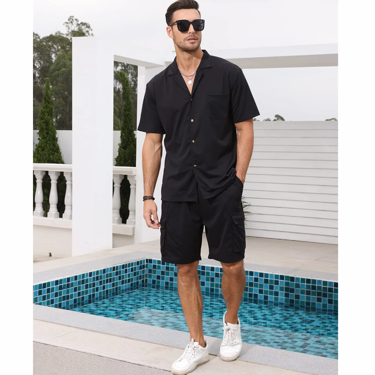 Fastkoala Homme Ensemble 2 Pièces Chemise Shorts Survêtement Costume Plage